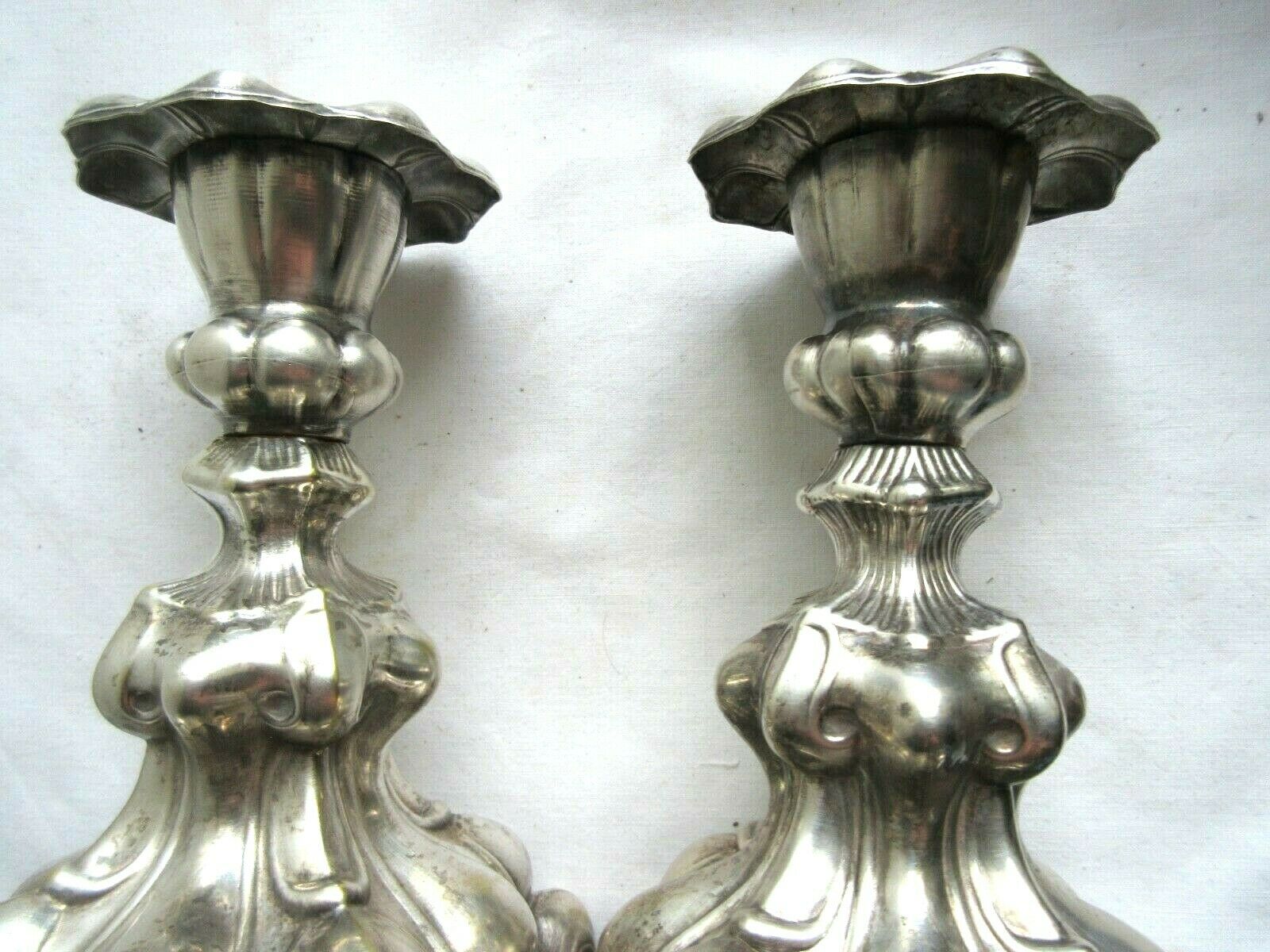 2 silver metal candlesticks, Louis XV style, 1900 era