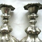 2 silver metal candlesticks, Louis XV style, 1900 era
