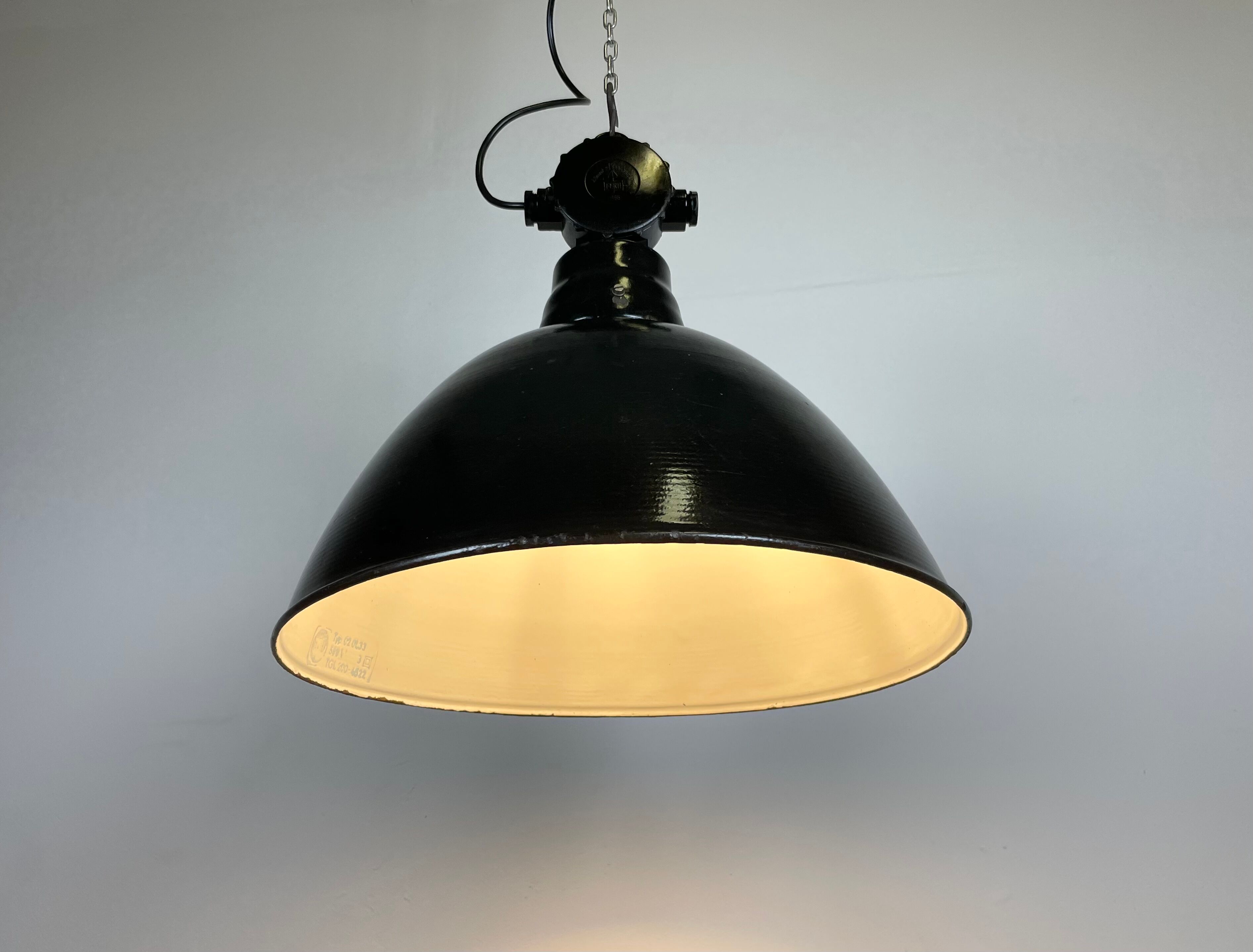 East german black enamel factory light by LBD Veb Leuchtenbau Dresden, 1950s