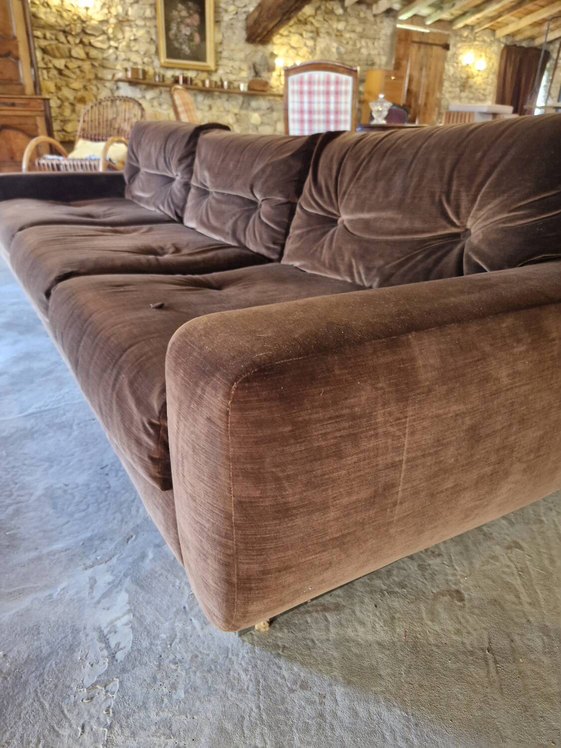 Vintage 3-seater canapé in brushed steel and brown velvet.