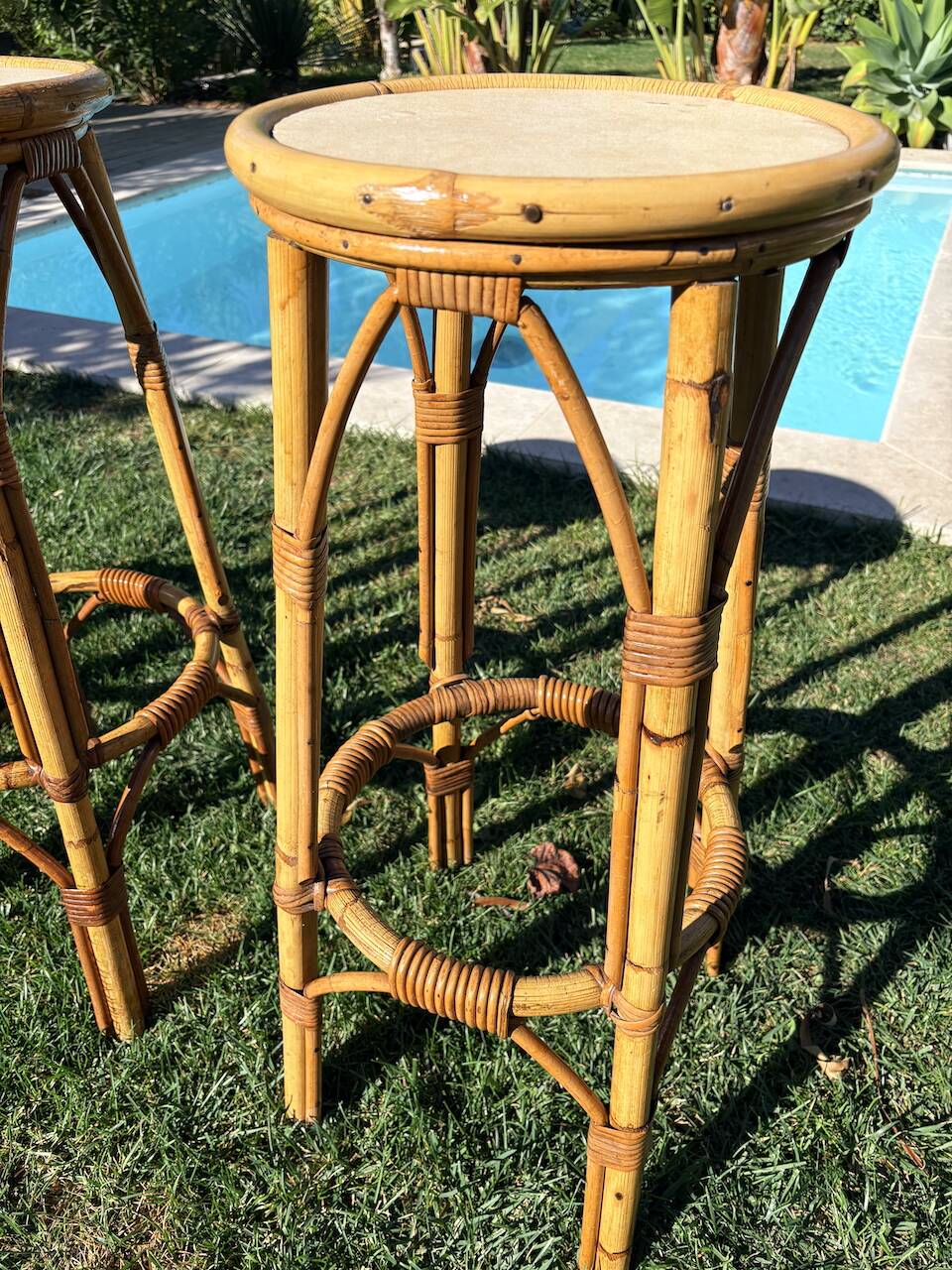 3 tabourets rotin vintage