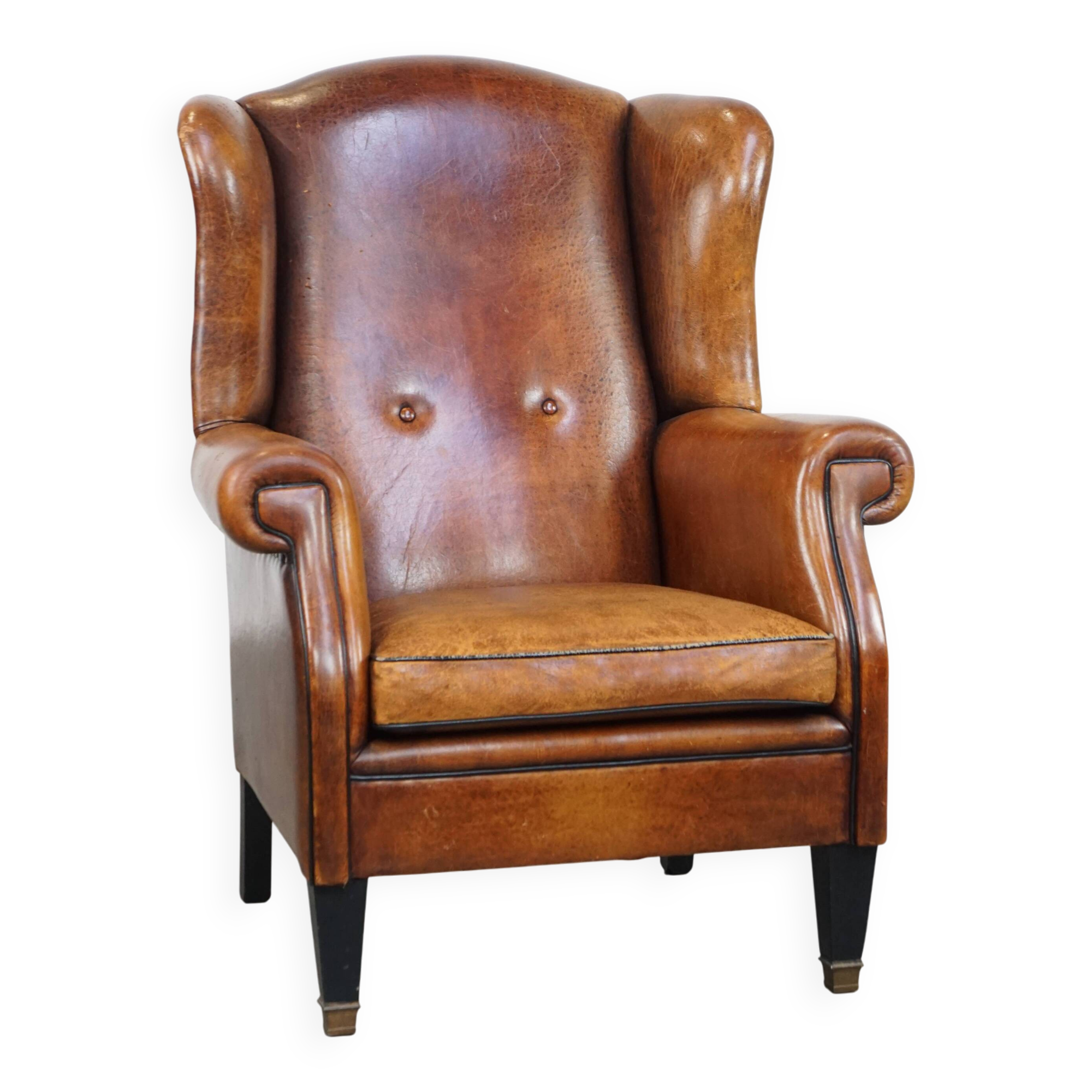 Fauteuil à oreilles en cuir de mouton vintage de style anglais