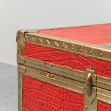 Vintage metal chest with red leather covering, 1950s