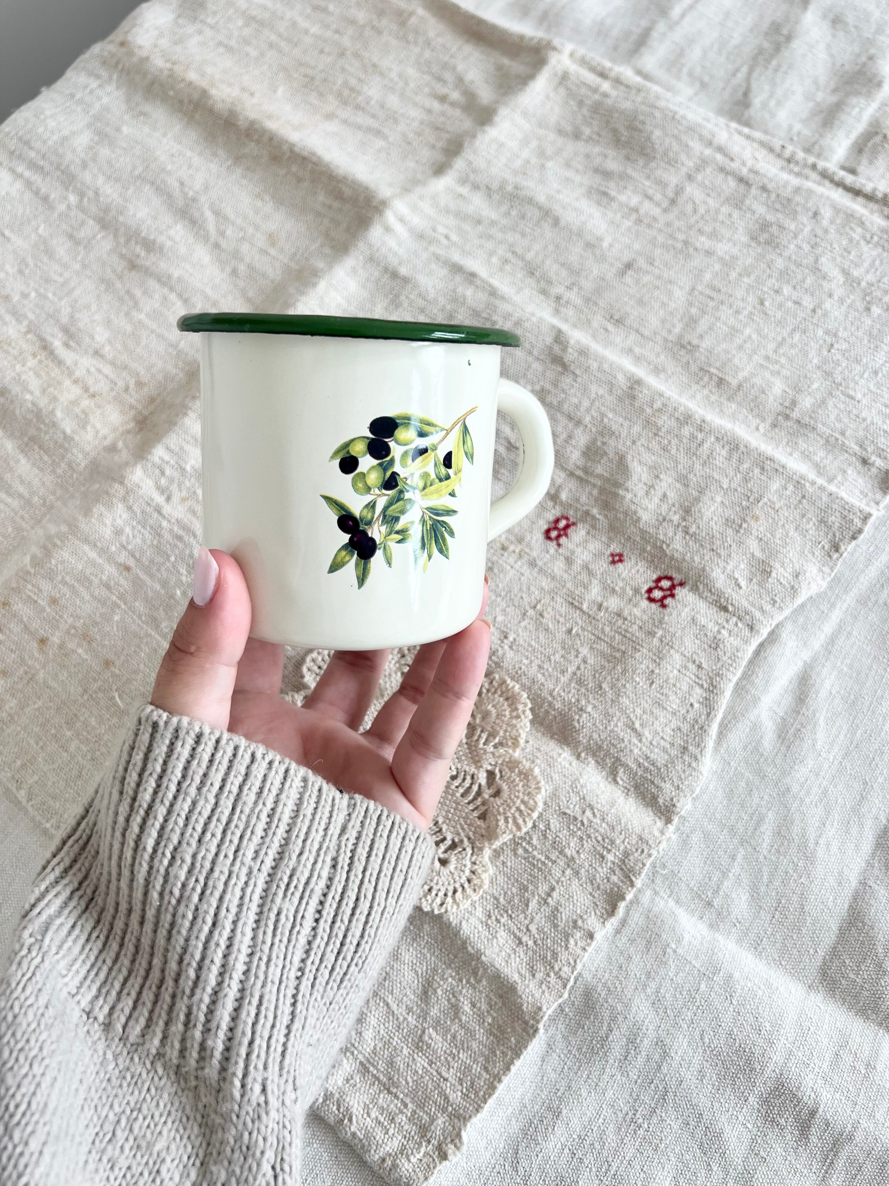 Vintage beige enamelled cup green border olive branch pattern rustic style