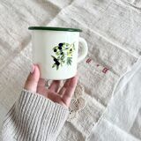 Vintage beige enamelled cup green border olive branch pattern rustic style