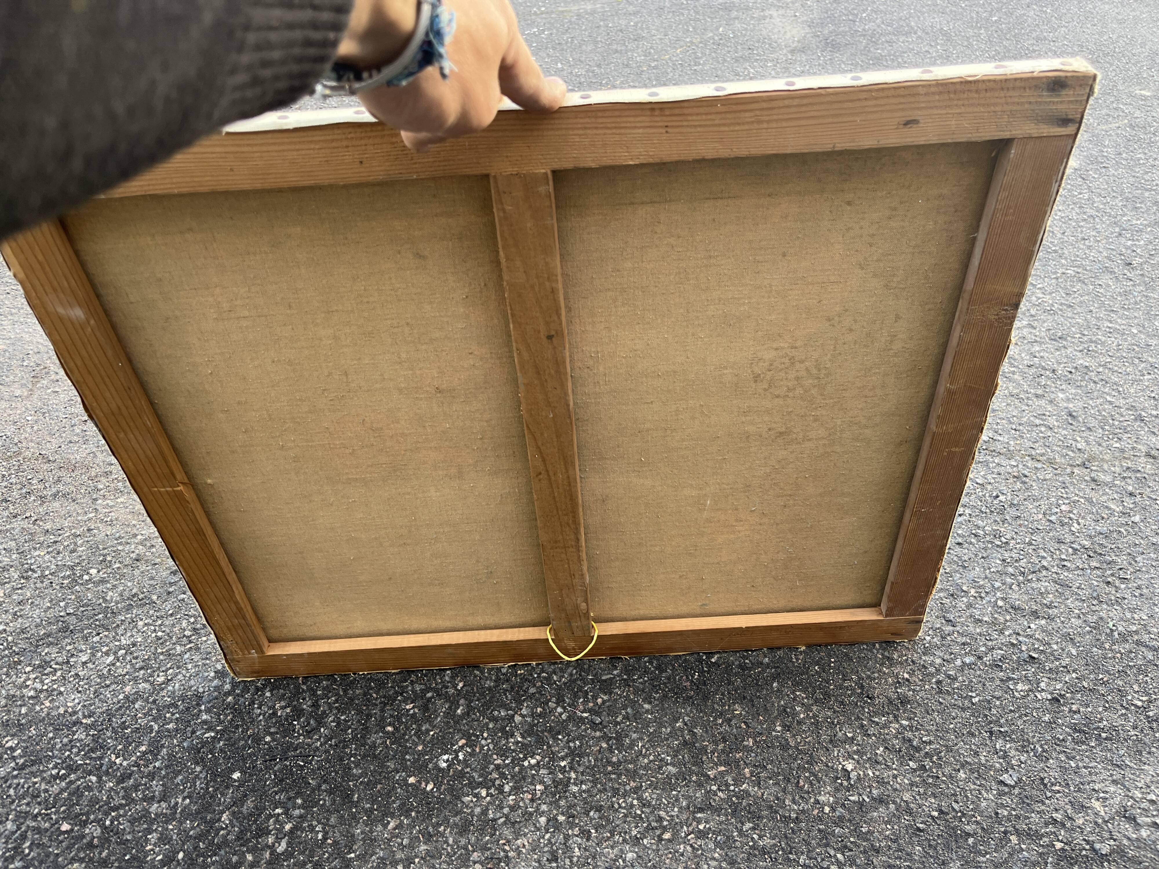 Antique painting Still life – apples, blue pottery and brass jug