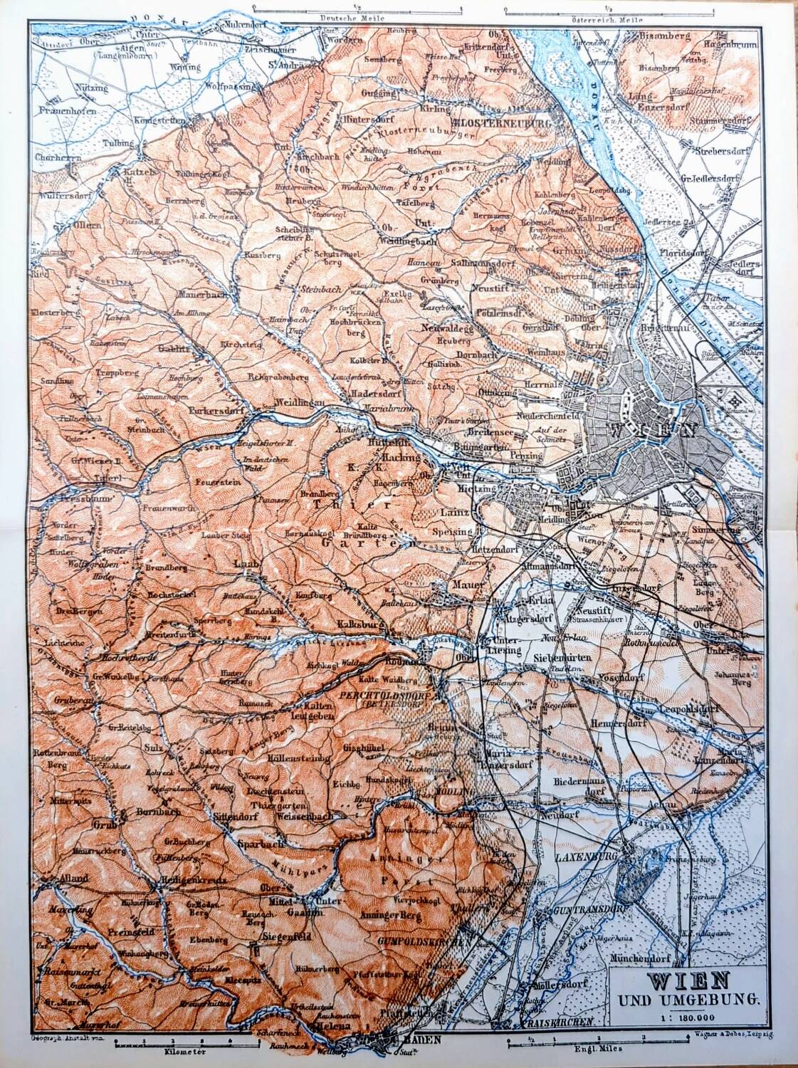 Imprimée en 1890, carte de Vienne, Autriche.