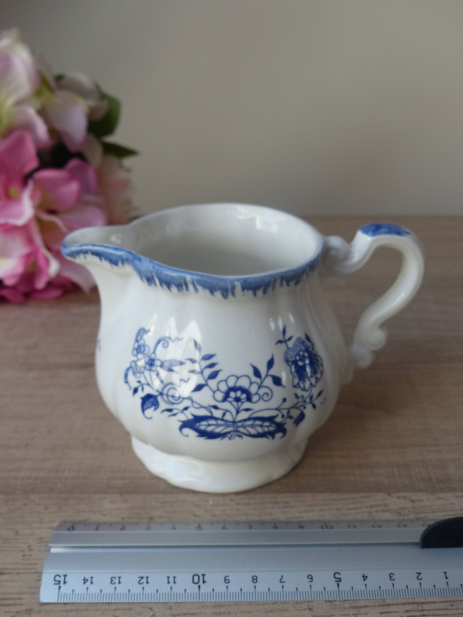 Old Milk Jug, Creamer, Pourer, Sarraguemines Lancaster Blue Flower Decor Vintage