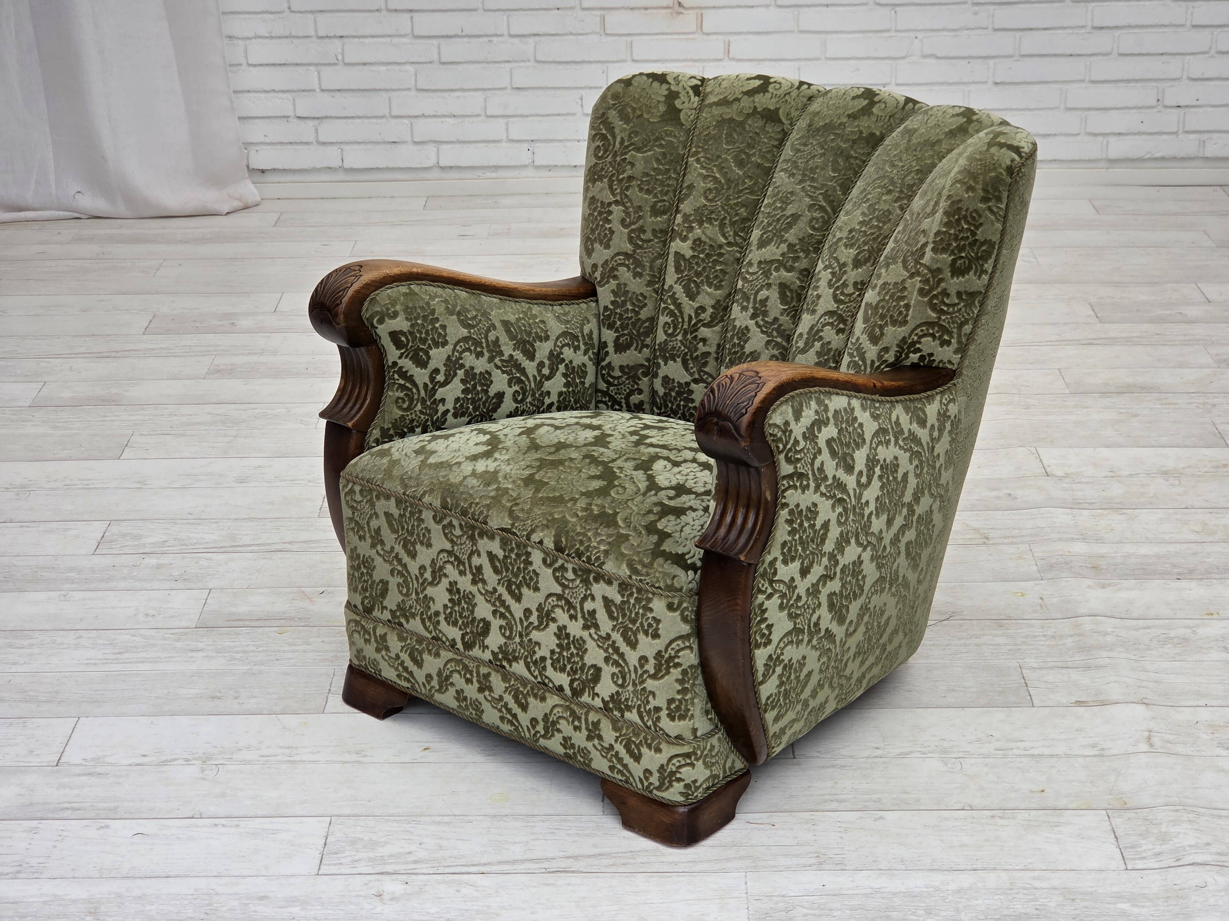 1960s, Danish armchair, green furniture velour, solid oak wood.