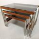 3 tables gigognes Fristho de design hollandais avec plateau en verre fumé et cadre en wengé, années 60