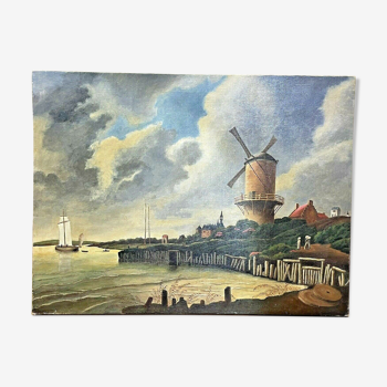 Ancienne huile sur toile, travail de reproduction ruisdael moulin, années 60'