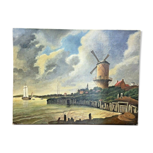 Ancienne huile sur toile, travail