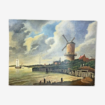 OLD OIL ON CANVAS, REPRODUCTION WORK RUISDAEL MILL, 60' YEARS