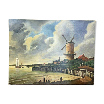 Ancienne huile sur toile, travail de reproduction ruisdael moulin, années 60'