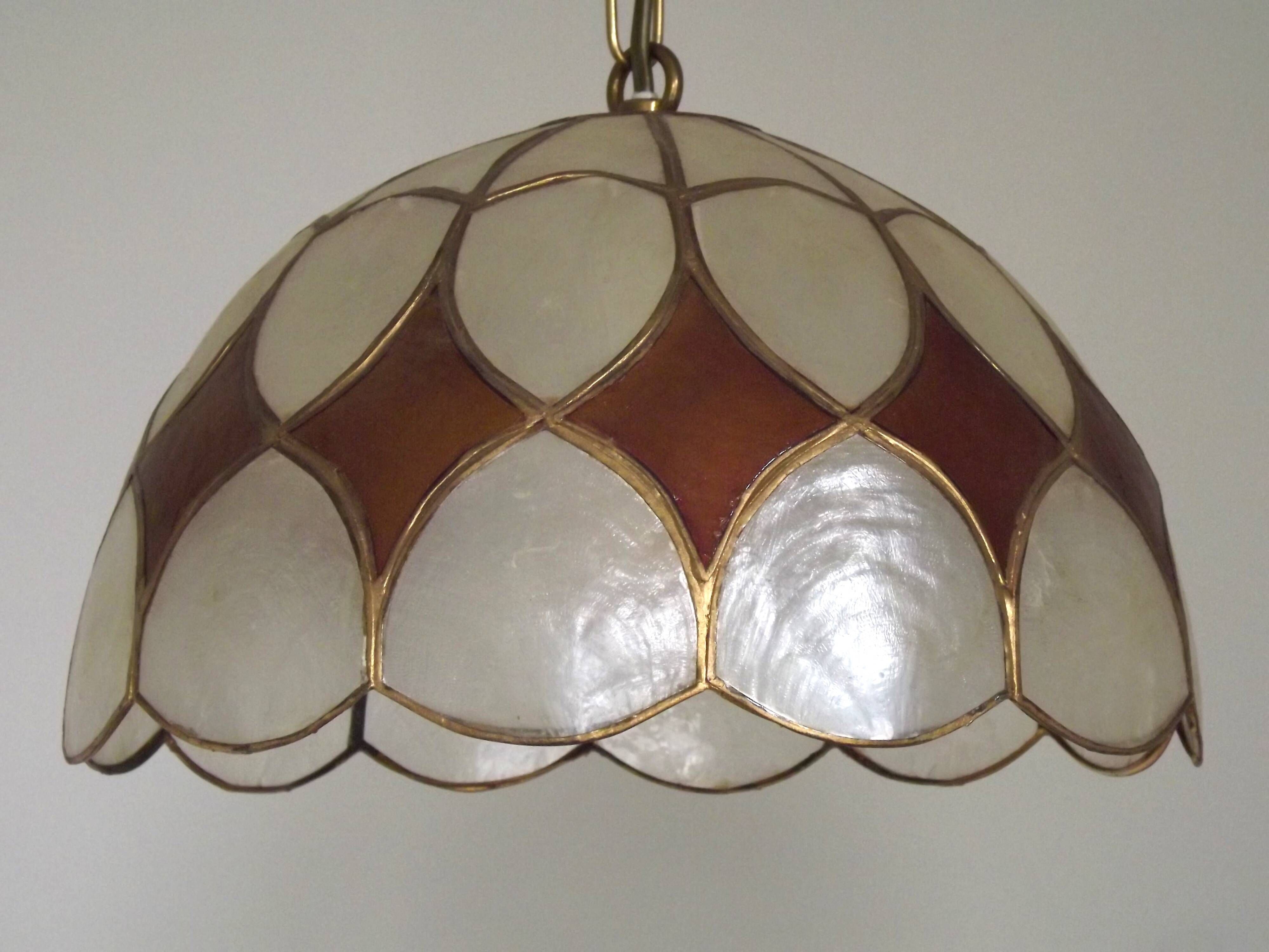 French Vintage Capiz Shell Hanging Pendant Light in Brown & White Gold Trim