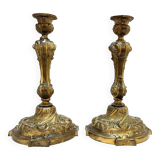 Pair of 19th century Louis XV bronze candlesticks, Rococo candlestick
