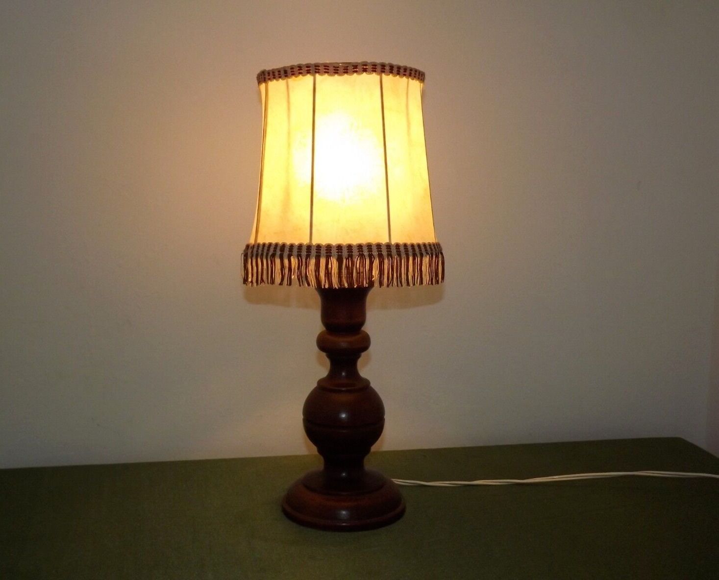 French Mid Century Round Turned Wood Table Lamp With Hide Skin Shade 4025