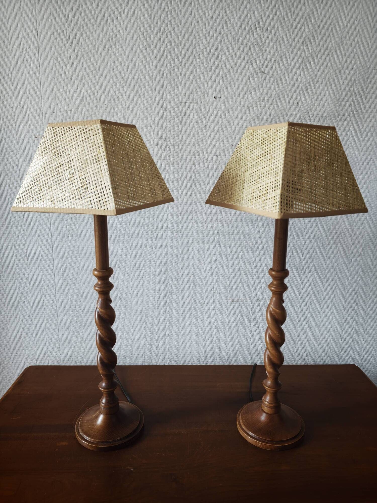 Pair of tall turned wooden lamps