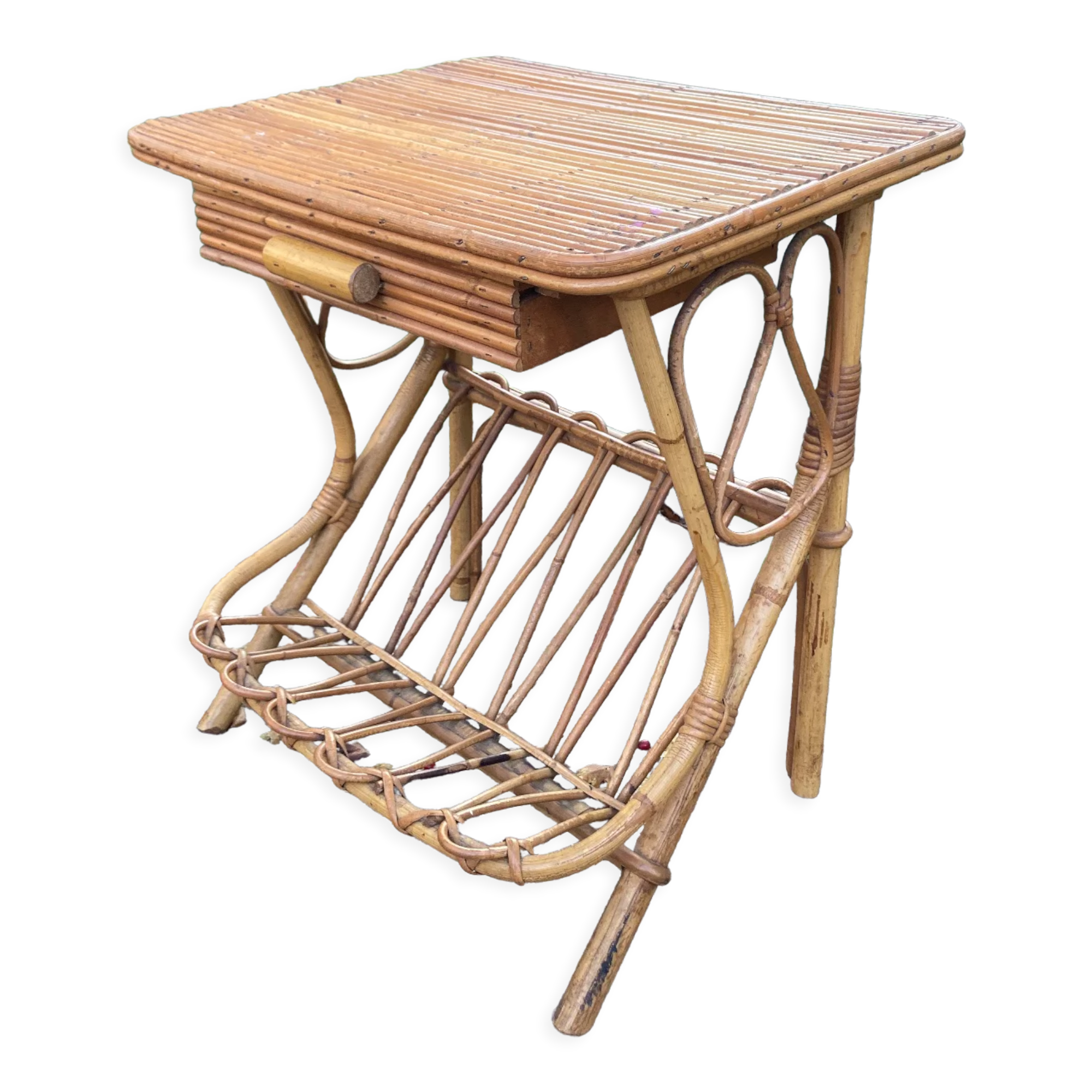 Vintage rattan magazine rack table