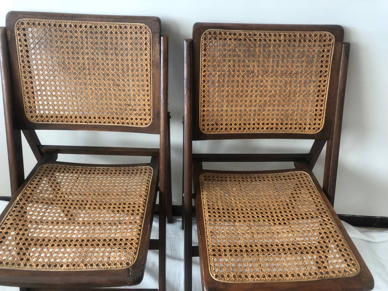 Pair of folding chairs in cane and dark wood