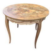 Guéridon ancien en marqueterie florale – plateau rond – restauré