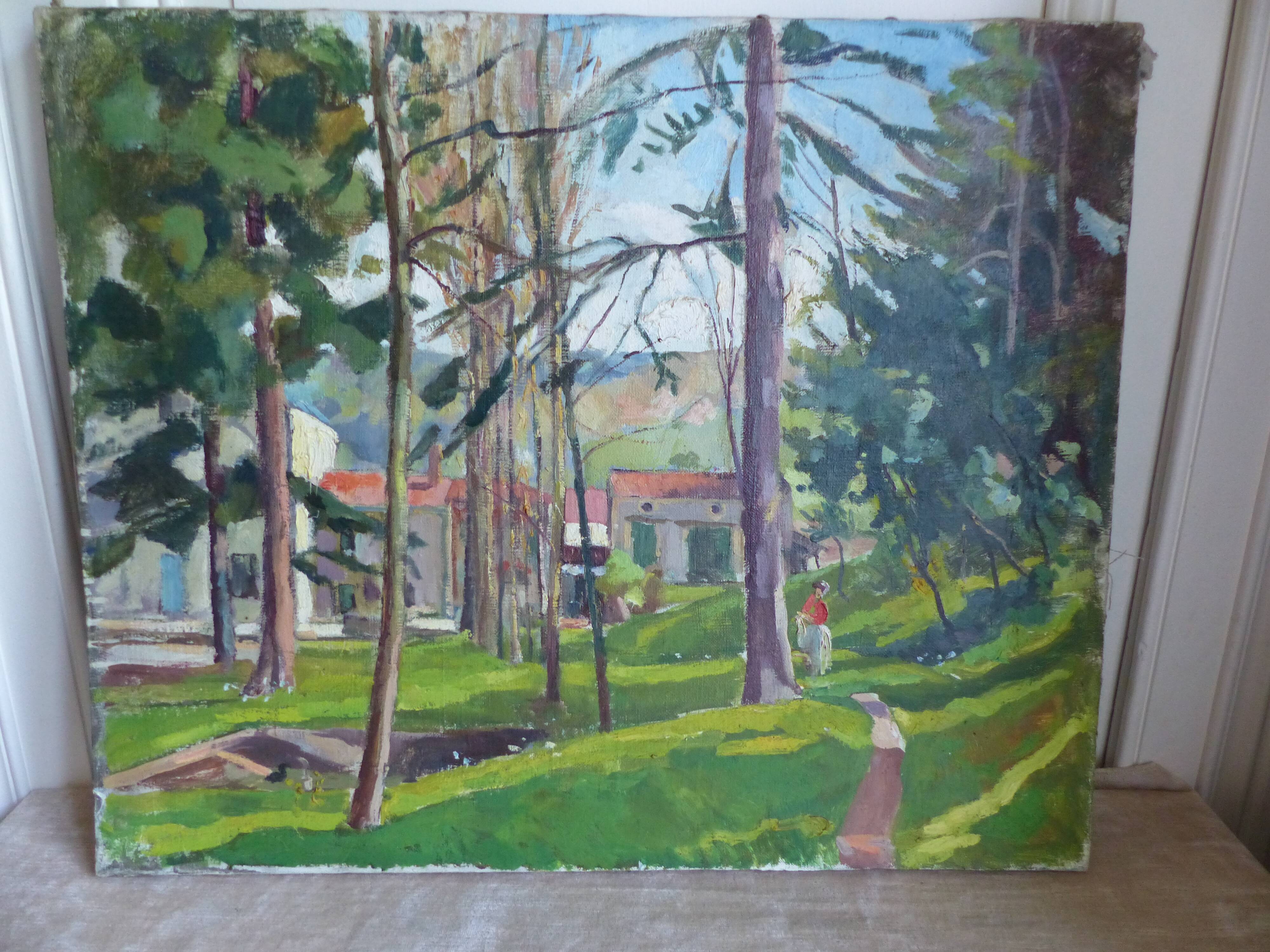 Oil on canvas, houses in the park