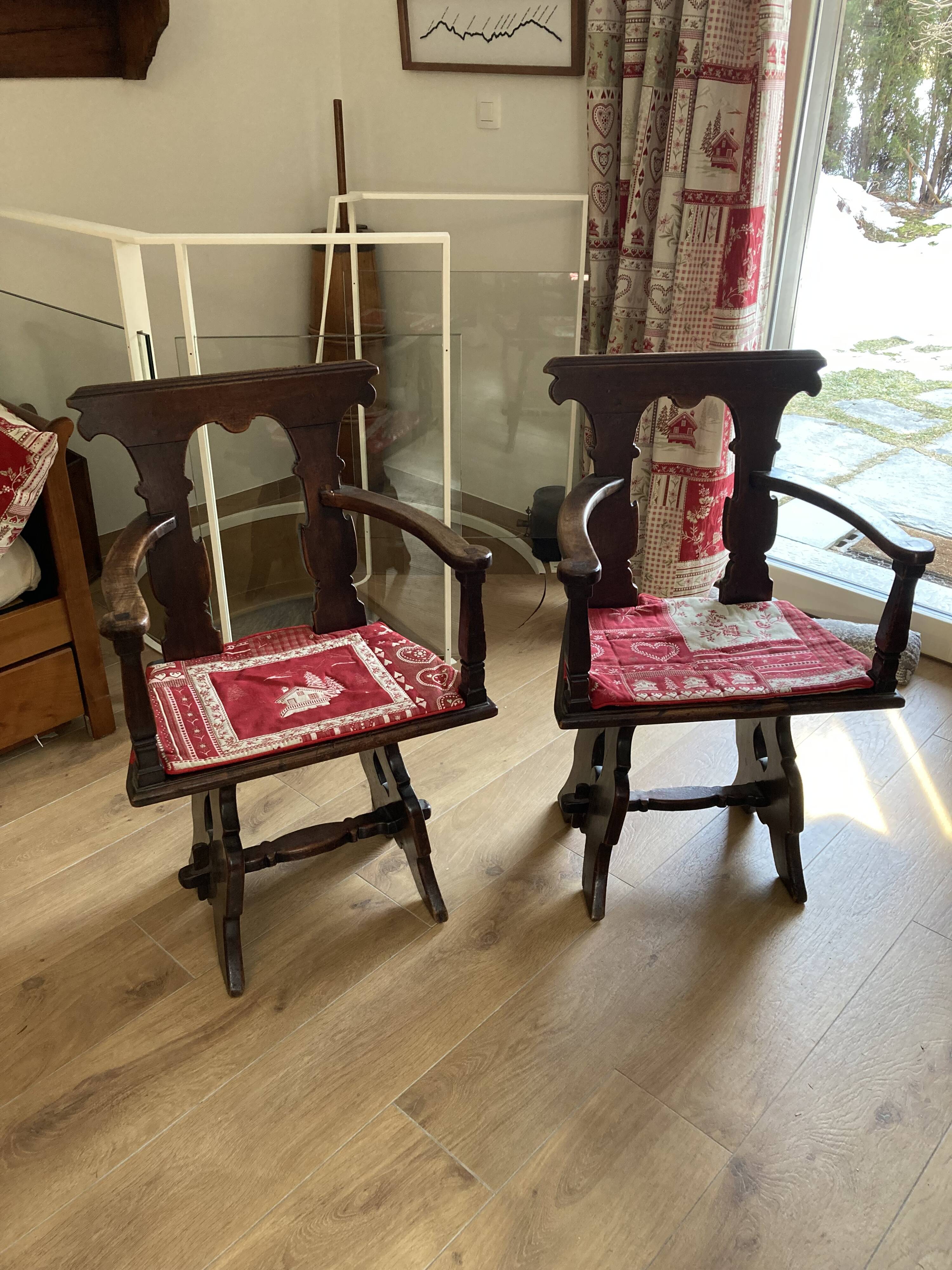 Pair of carved solid wood Dolomites armchairs
