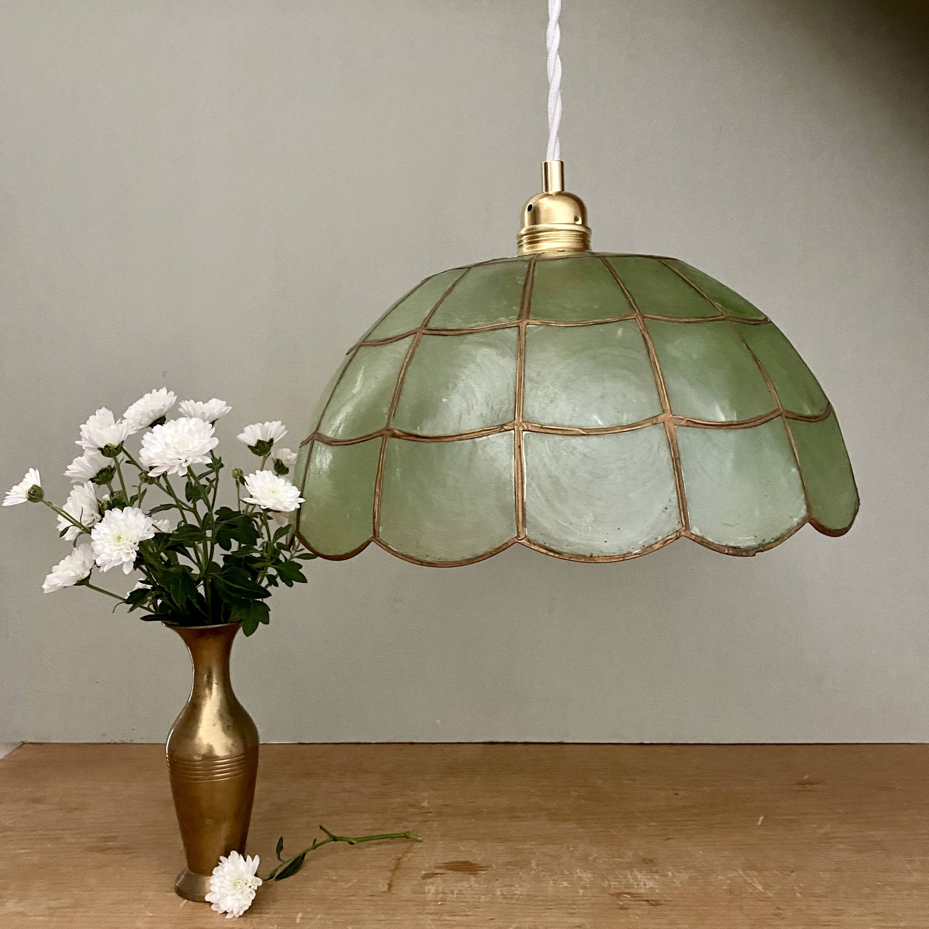 Suspension abat-jour vintage en nacre verte