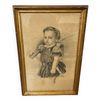 Portrait au fusain petit garçon au fusil signé charlotte fayard de 1879