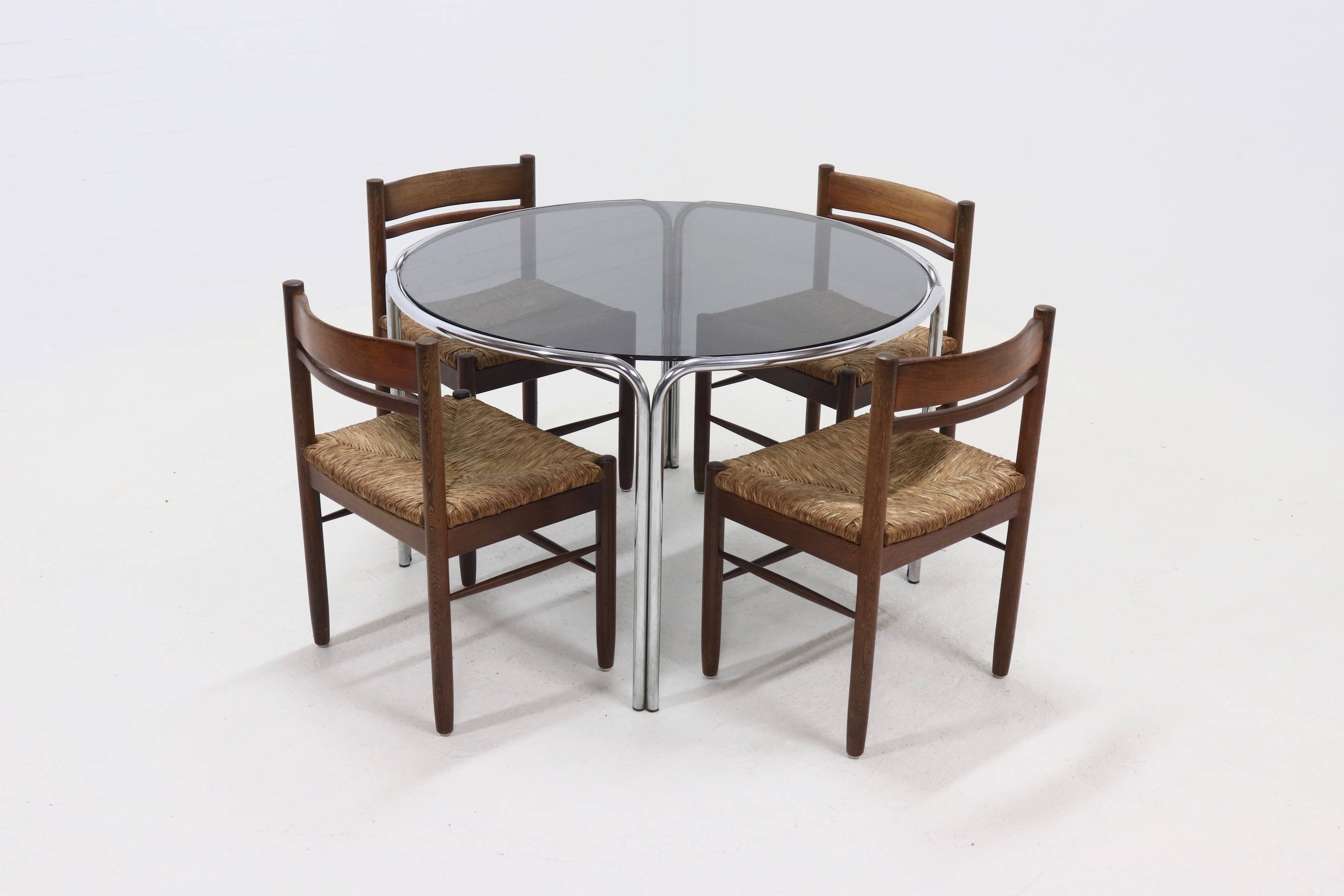 Italian Modern Chrome and Smoked Glass Round Dining Table 1970s