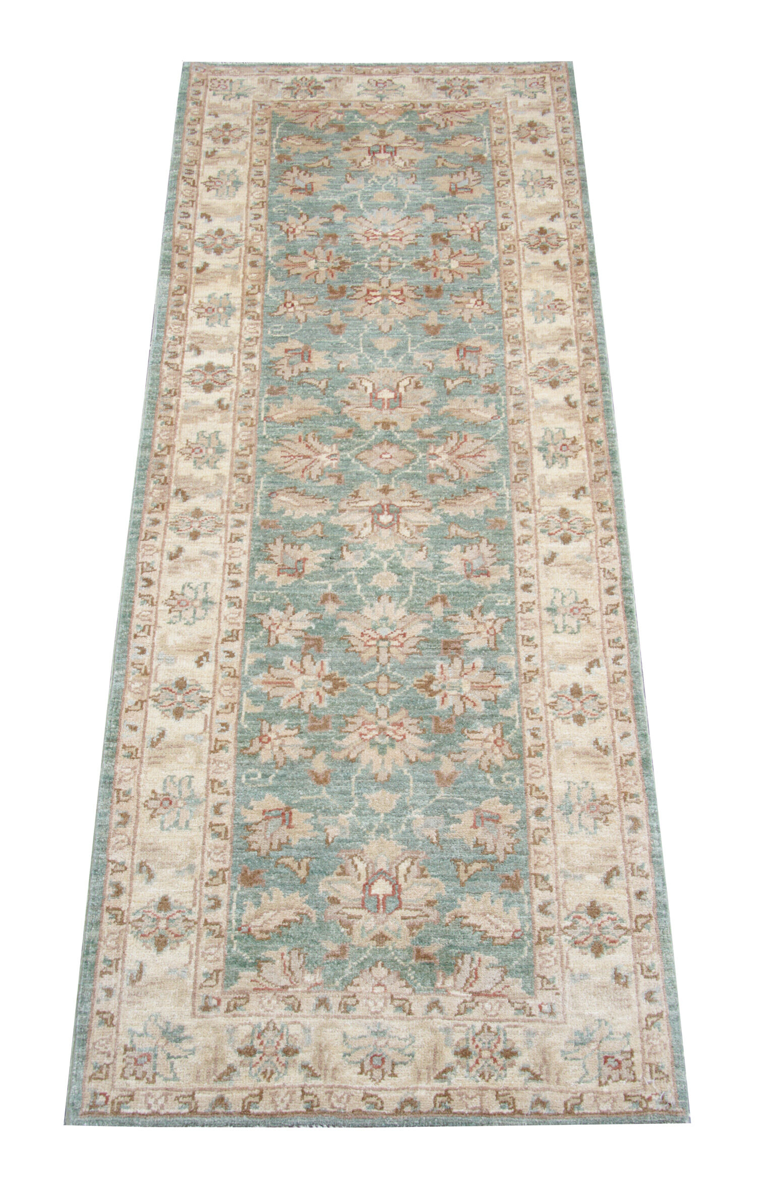 Traditional green cream ziegler rug, oriental floral wool rug-70x190cm