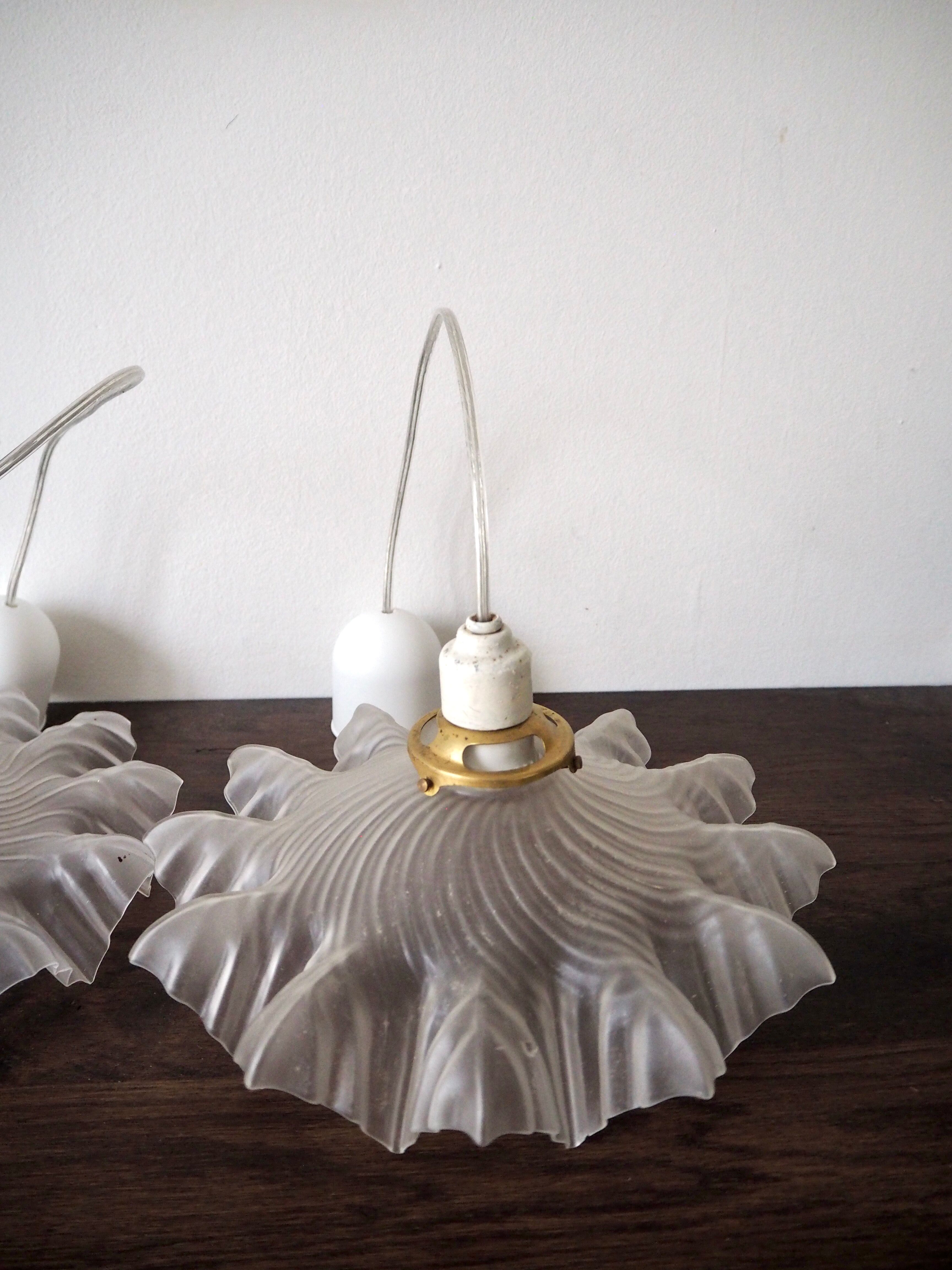Pair of frosted glass flower pendant lamps