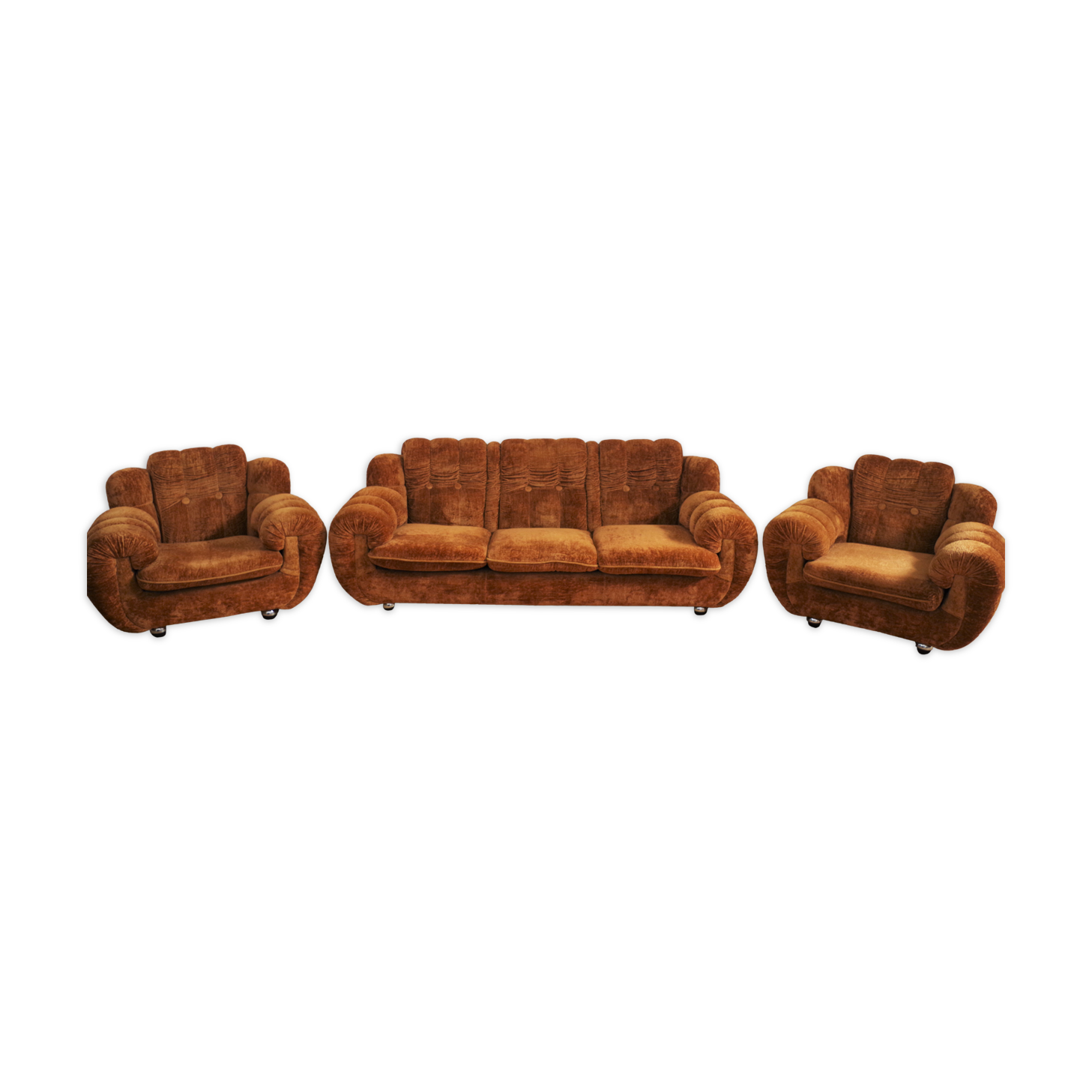 Fauteuils et canapé en velours, années 1970, lot de 3