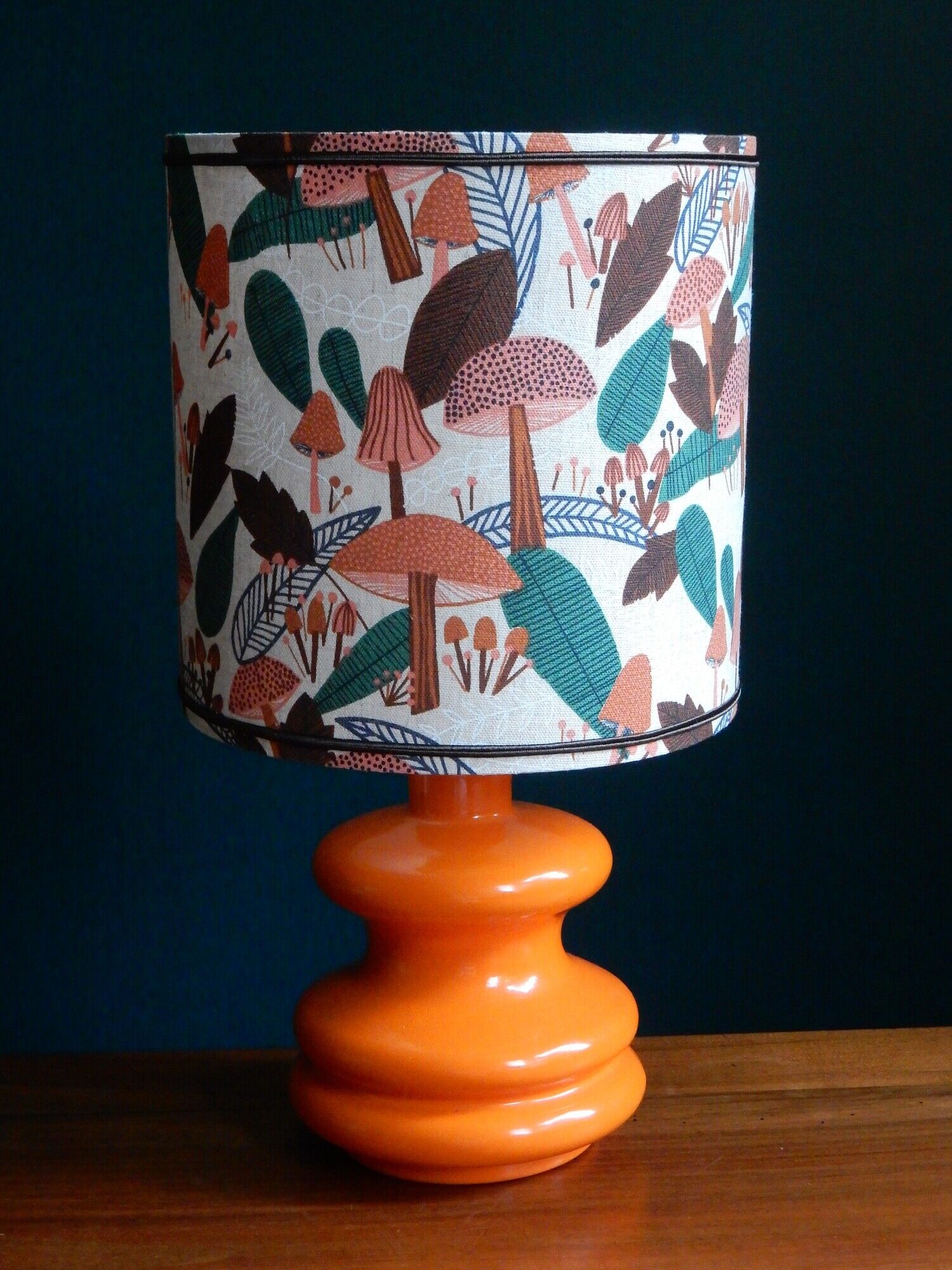 Mushroom lampshade and vintage orange glass lamp foot