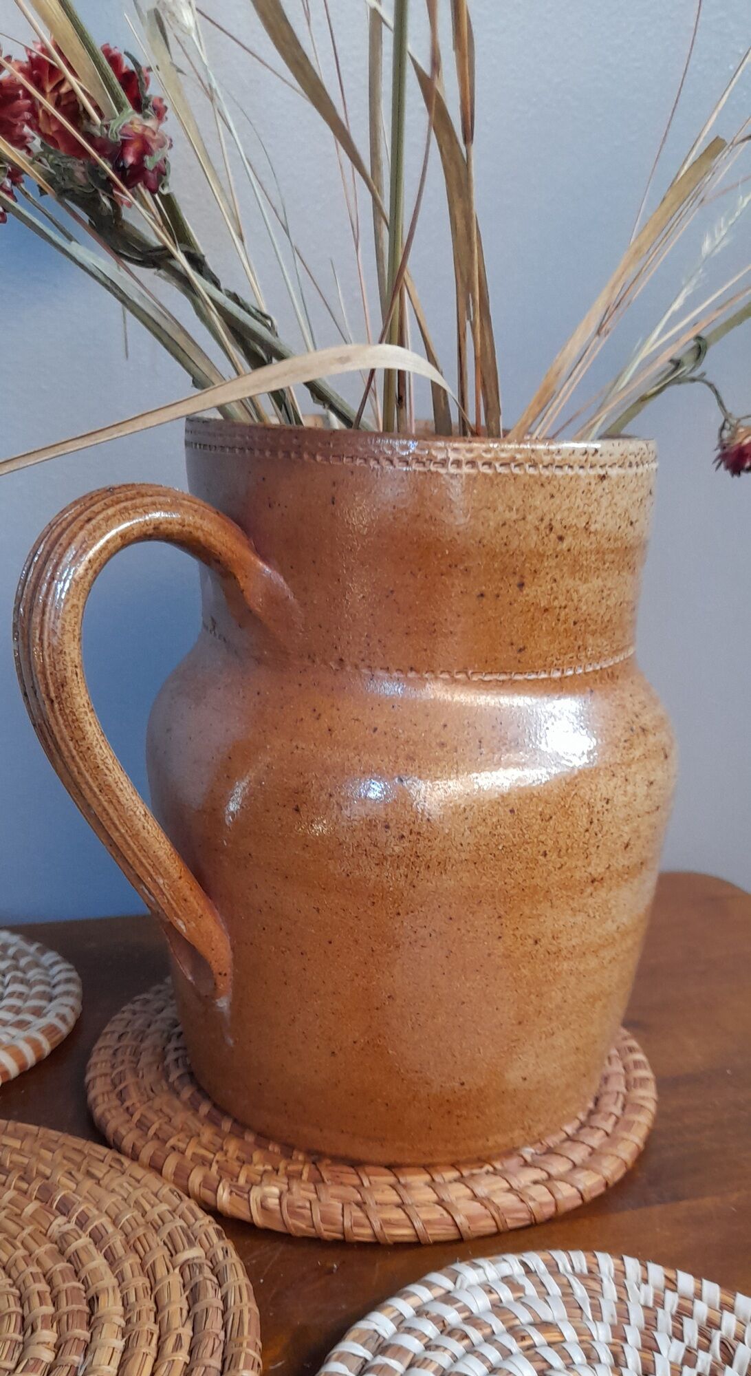 Pitcher in sandstone stamped glazed terracotta, bonny sandstone, handmade