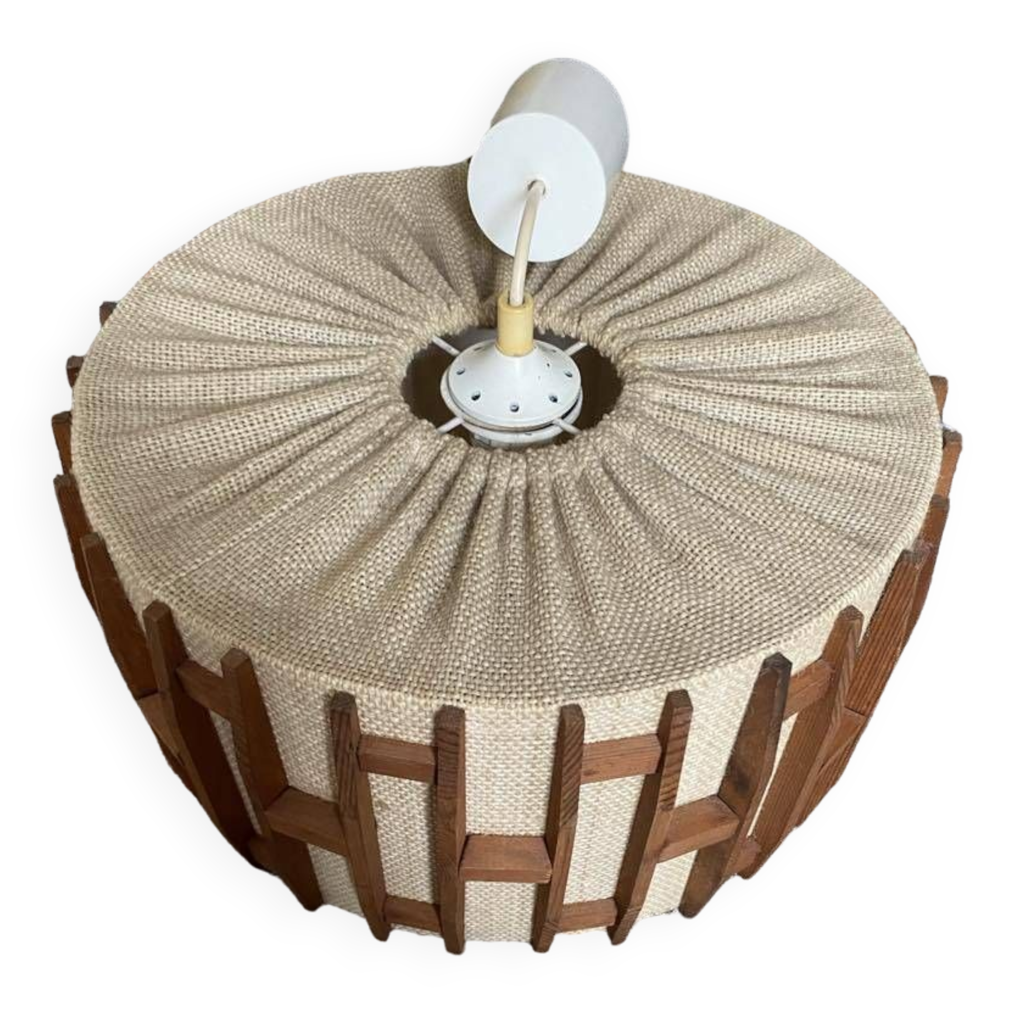 Graphic Scandinavian pendant light in wood and fabric from the 60s and 70s