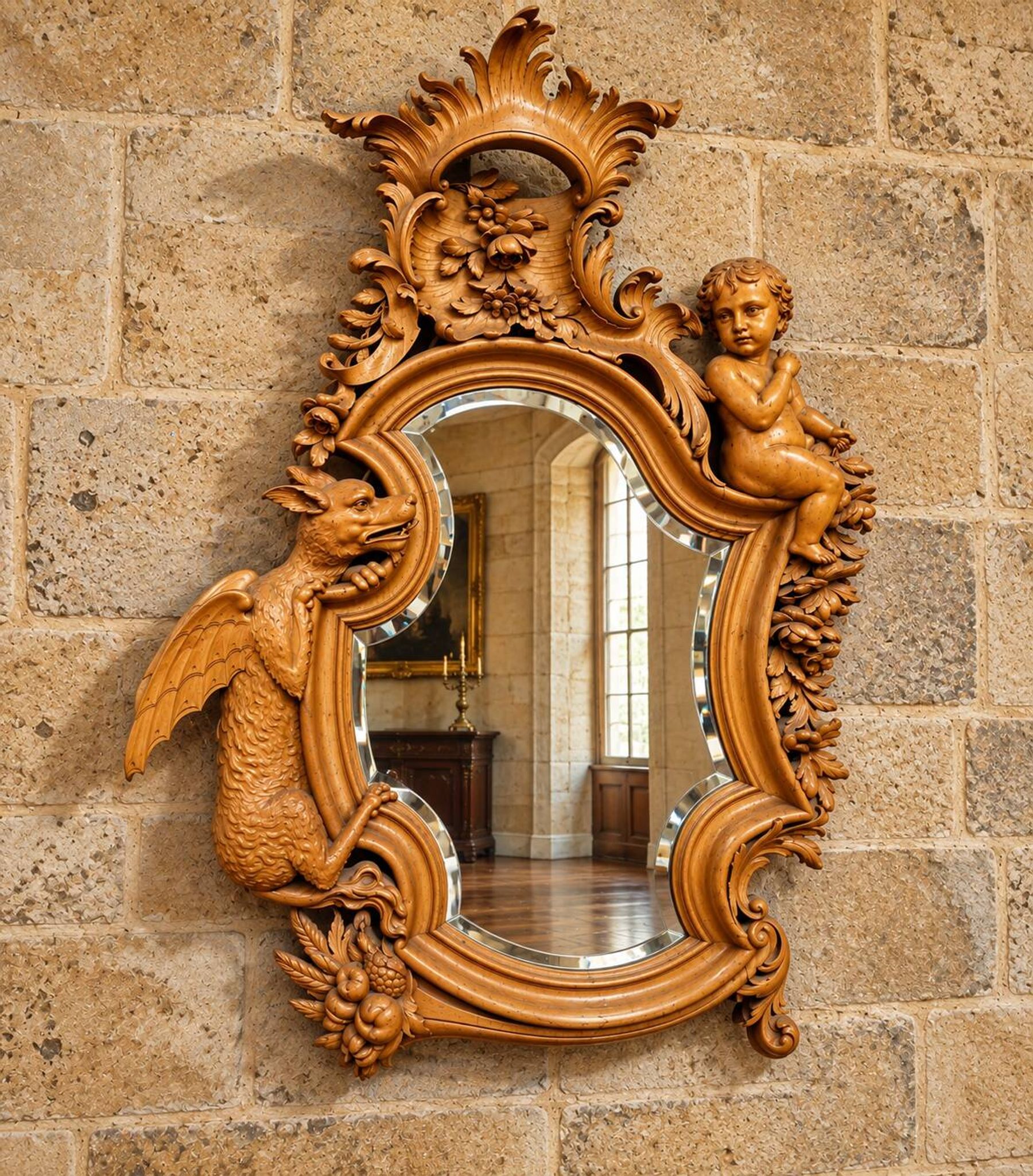 carved mirror in the spirit of Viardot – Decor with dragon and putto