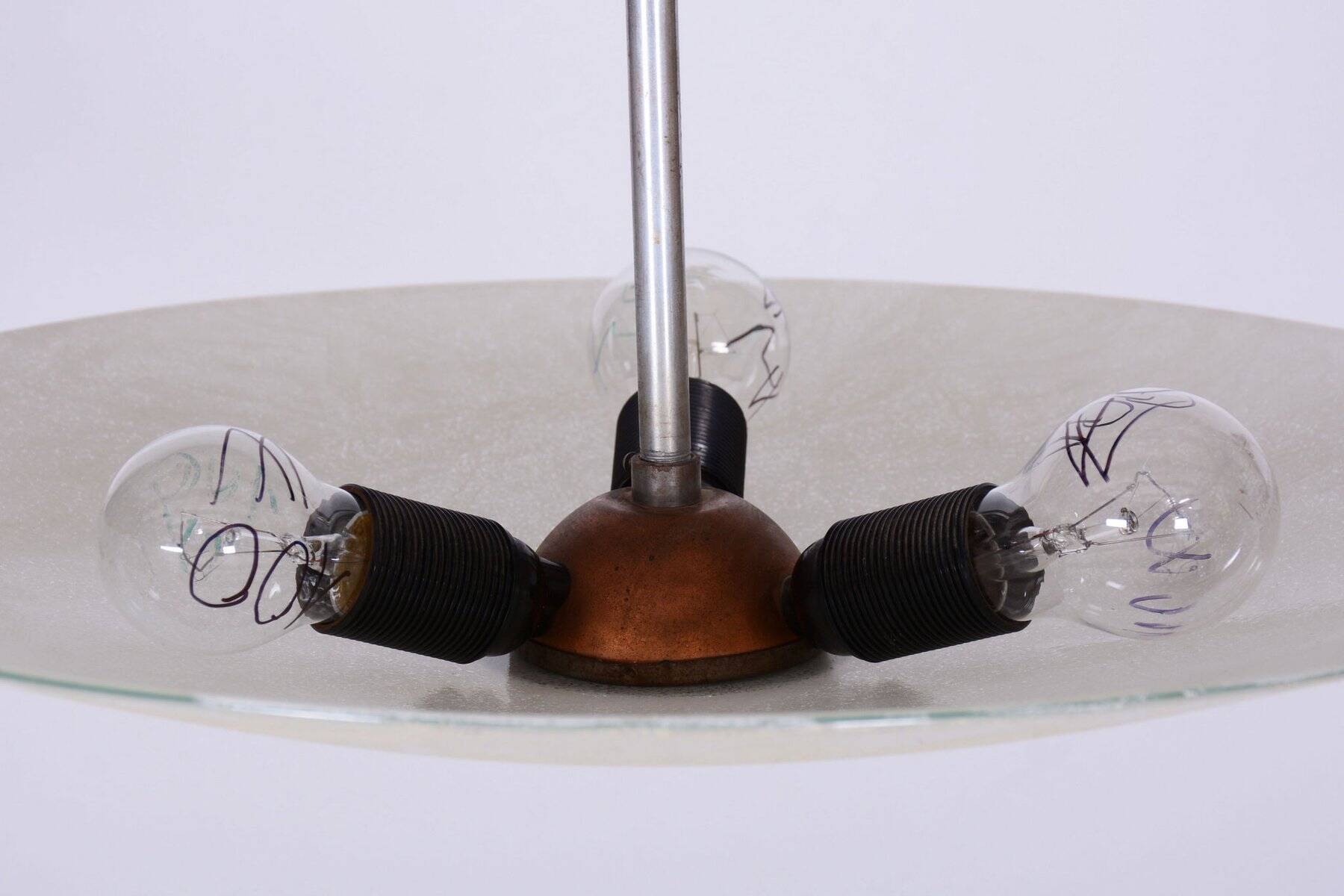 Bauhaus Chandelier in Chrome, Steel and Frosted Glass, Czech, 1940s