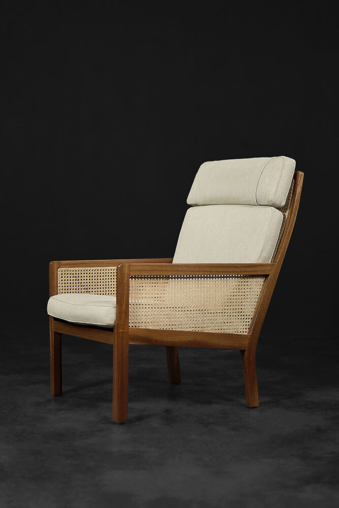 Mid-century modern Scandinavian mahogany armchair with French wicker by Bernt Petersen.