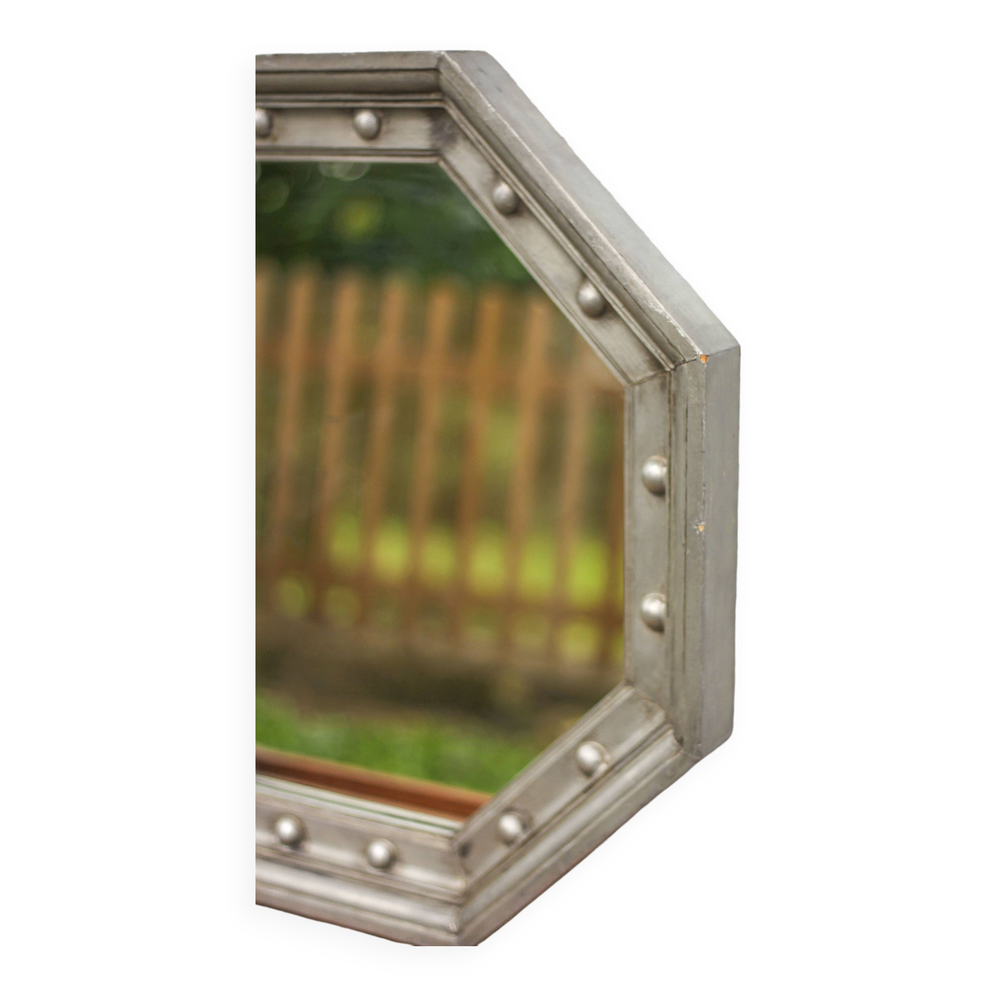 Vintage mirror, wooden mirror covered with tin, tin mirror from the 60s