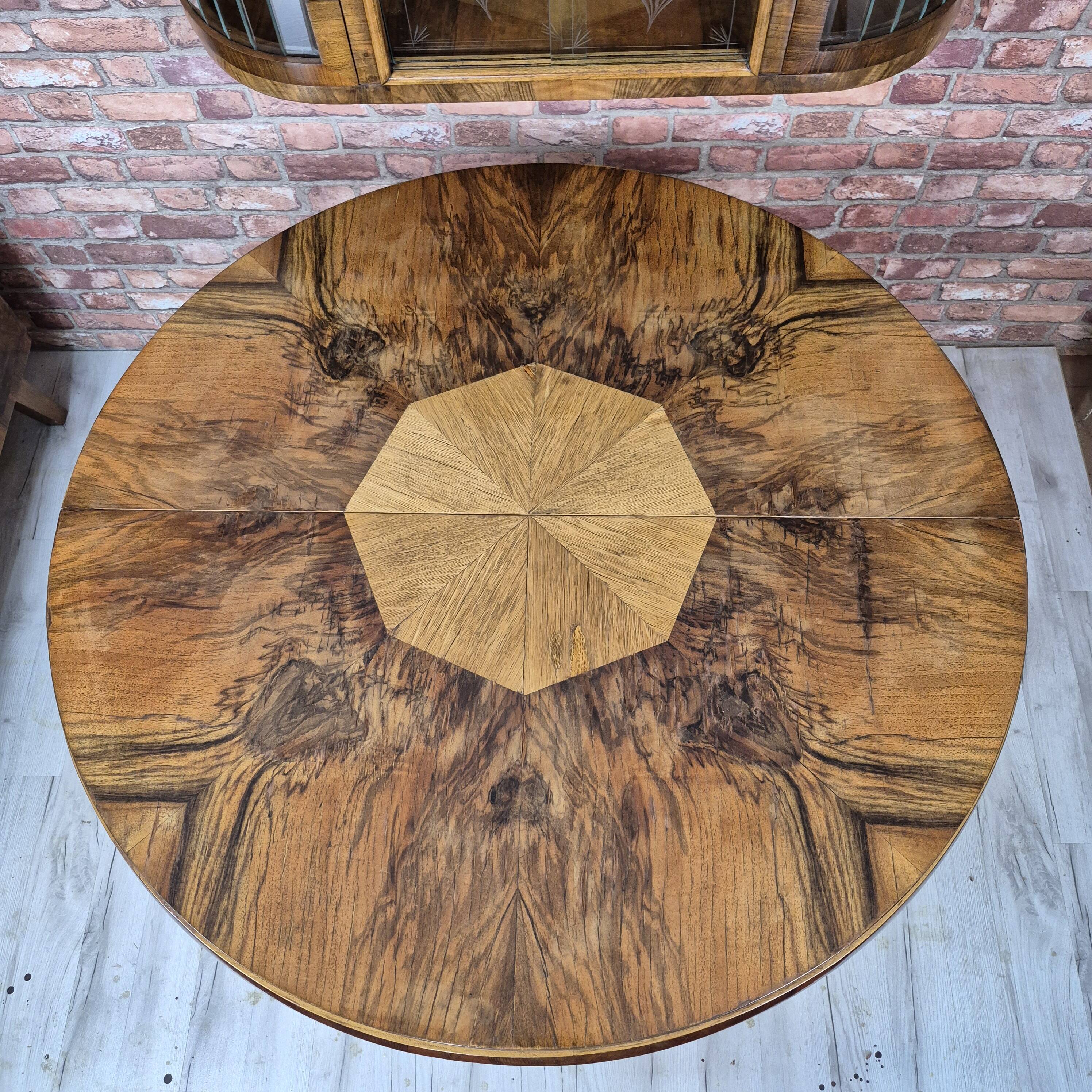 Authentic Art Deco Burl Walnut Round Extending Dining Table 1930s