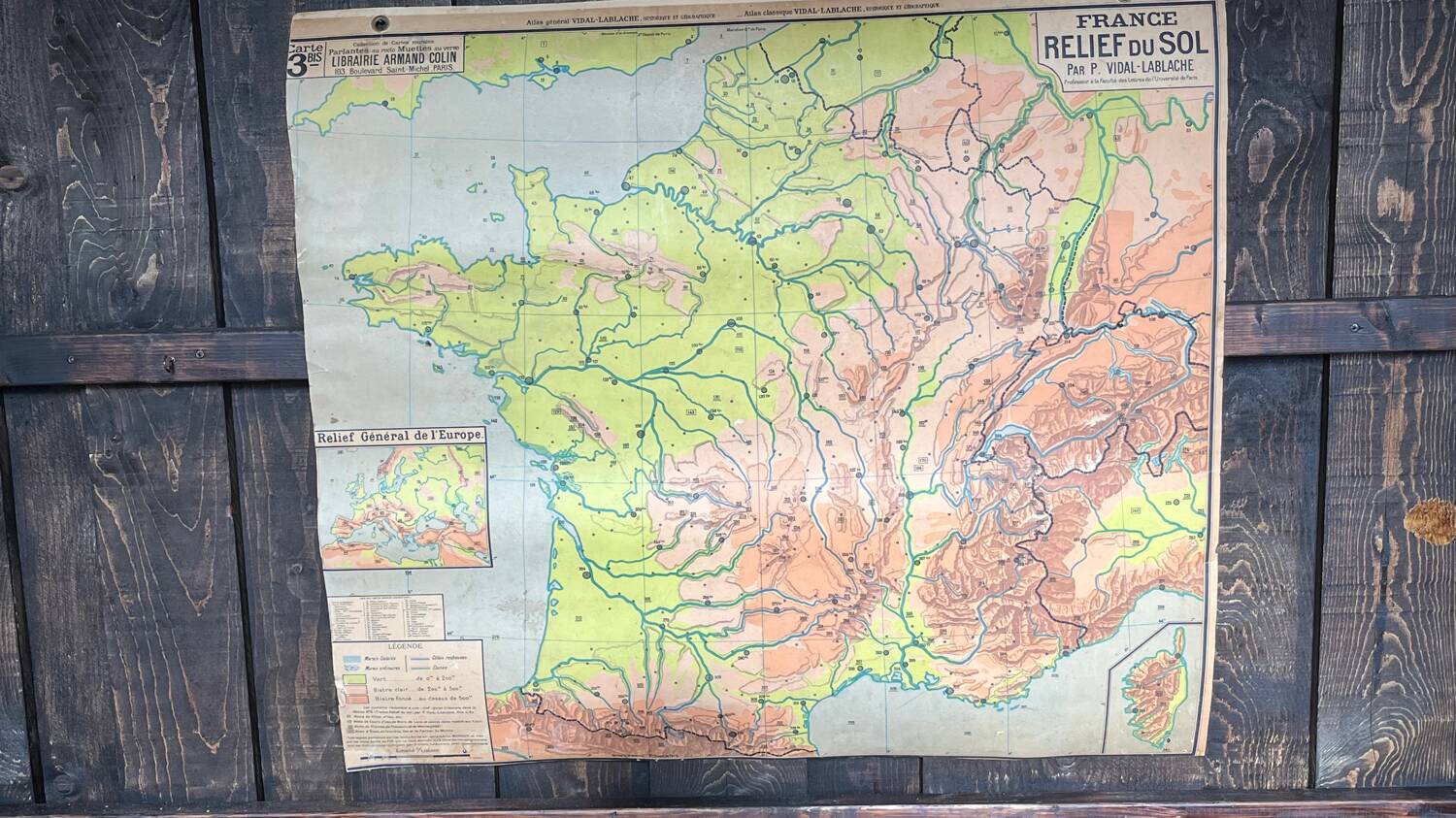 Old cardboard school map of France