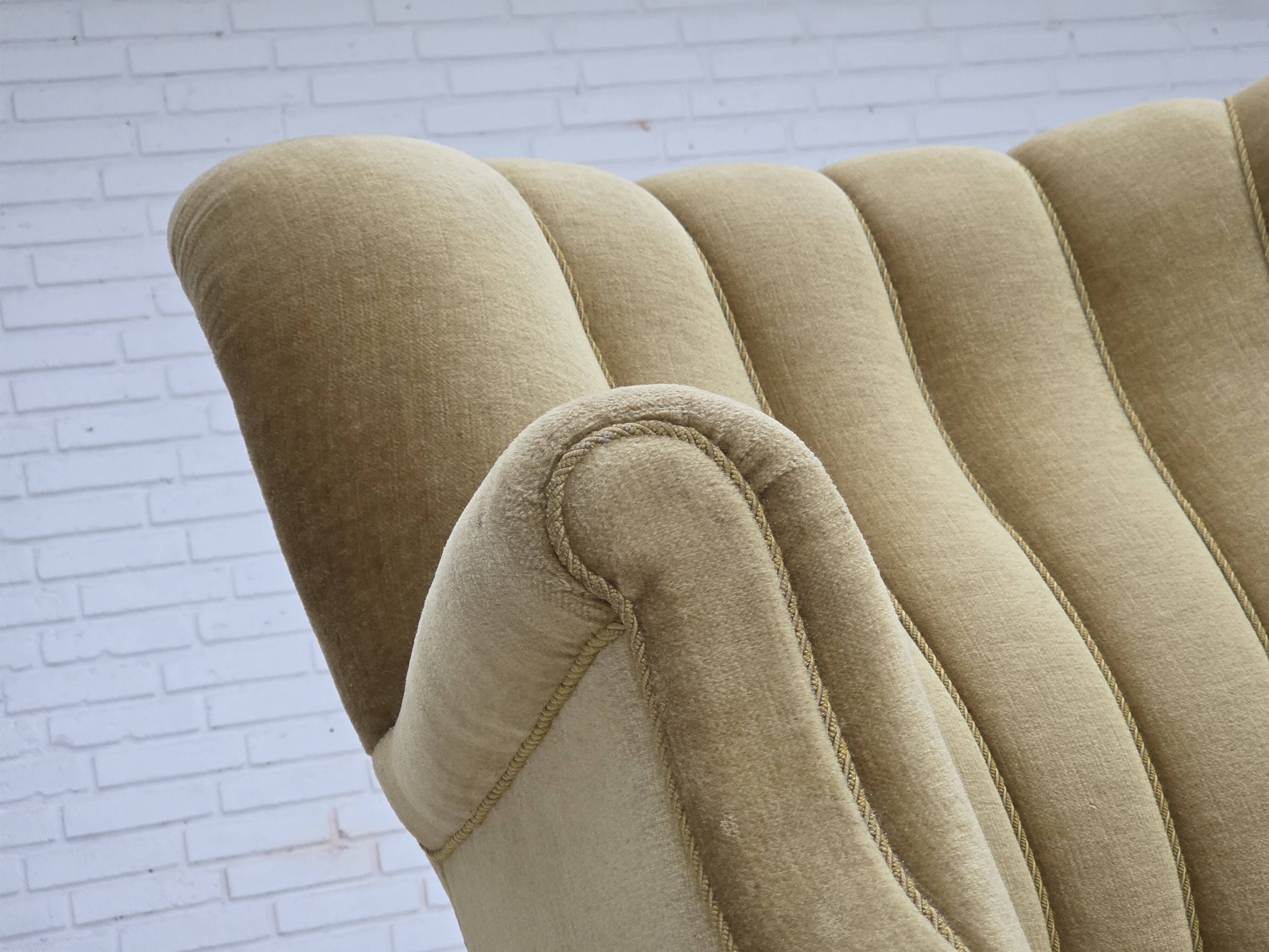 1960s, Danish armchair, green furniture velour, oak wood.