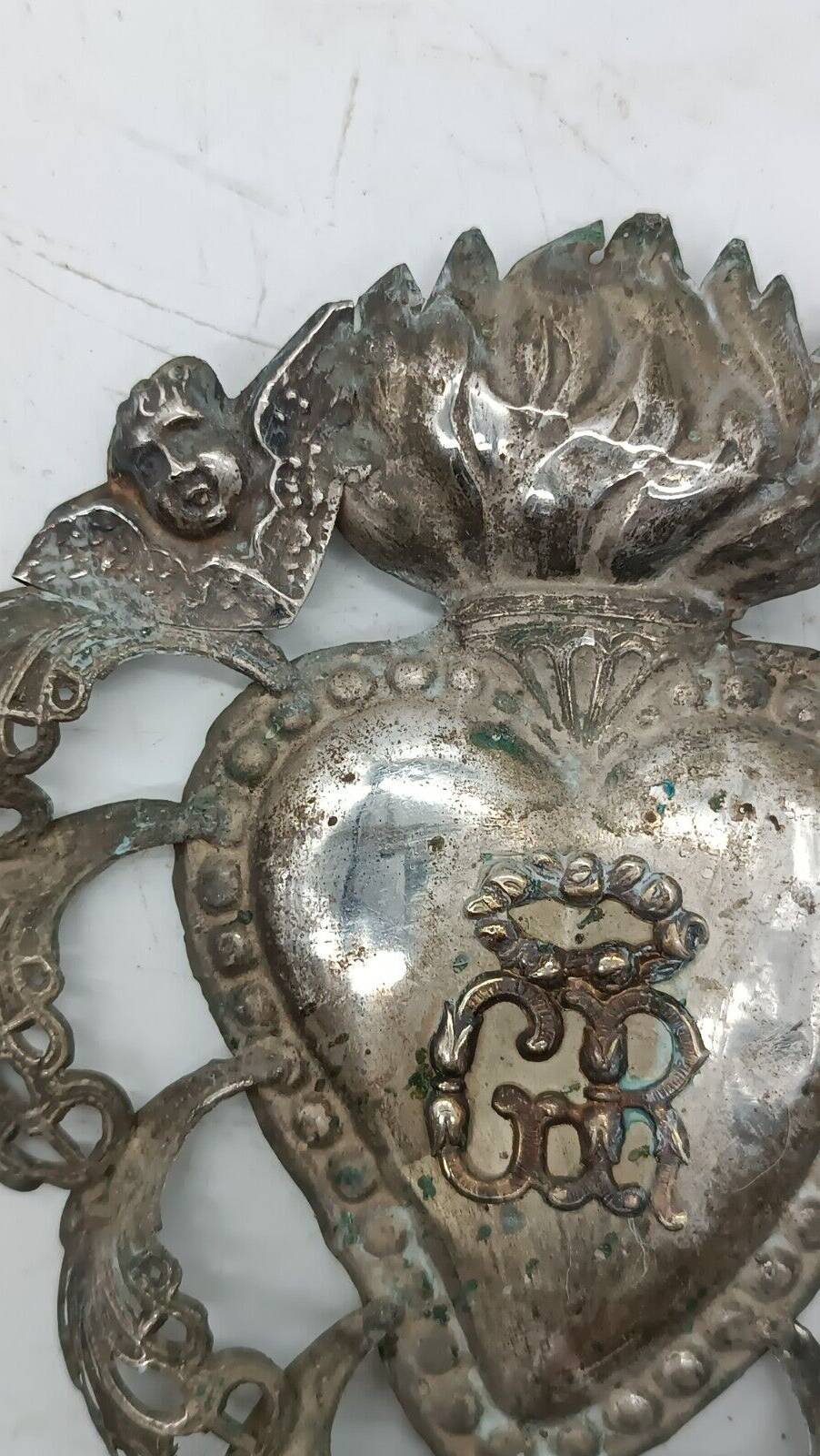 Grand ex voto coeur argent 15 cm antique italien grace reçu