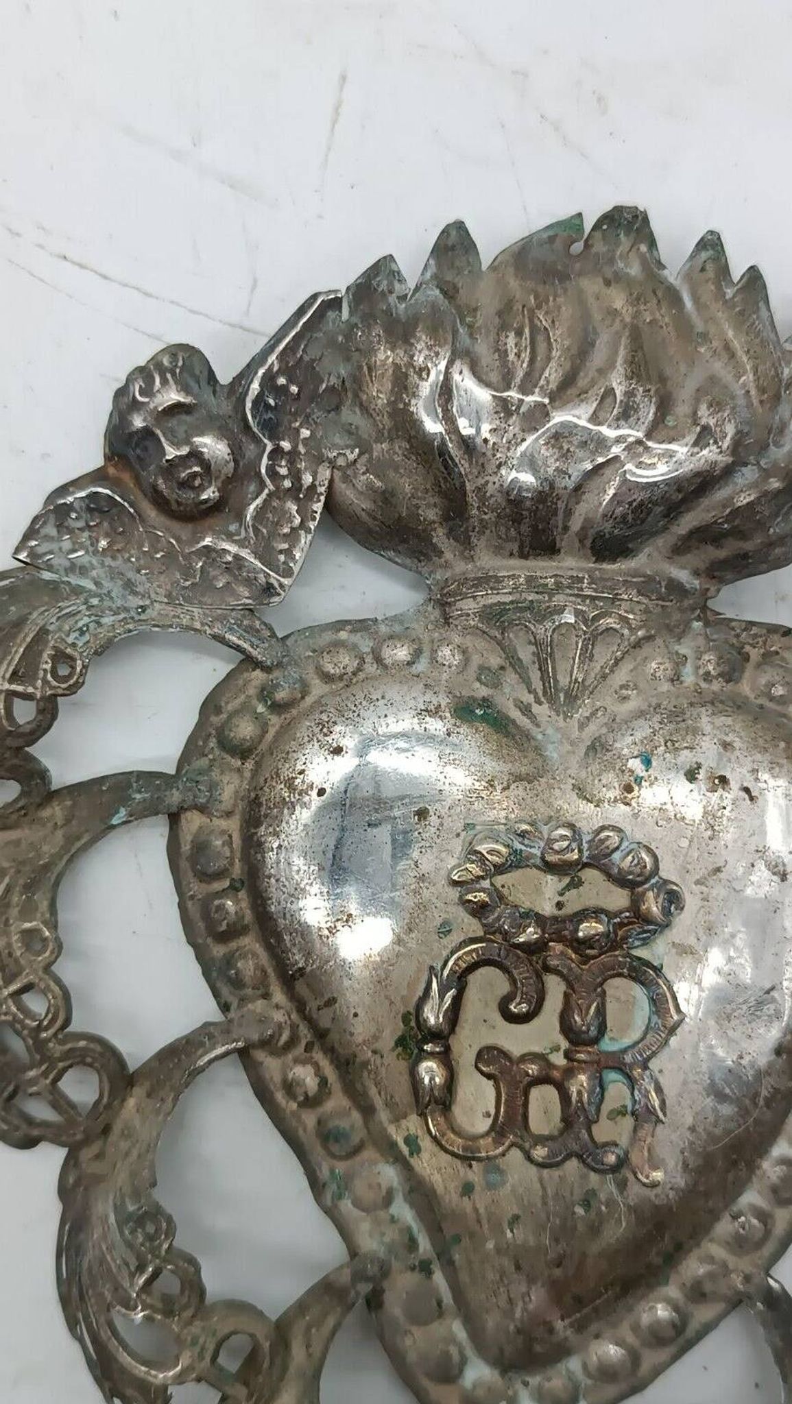 Grand ex voto coeur argent 15 cm antique italien grace reçu