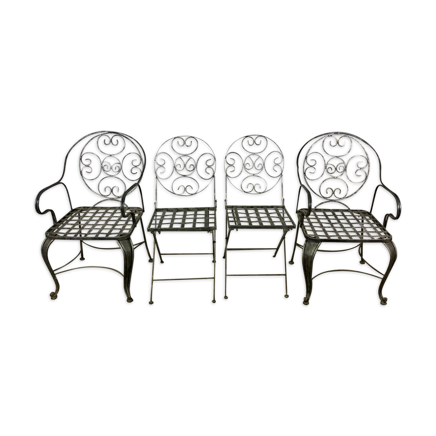 Garden chairs and armchairs (series of 4) vintage 1980 in wrought iron