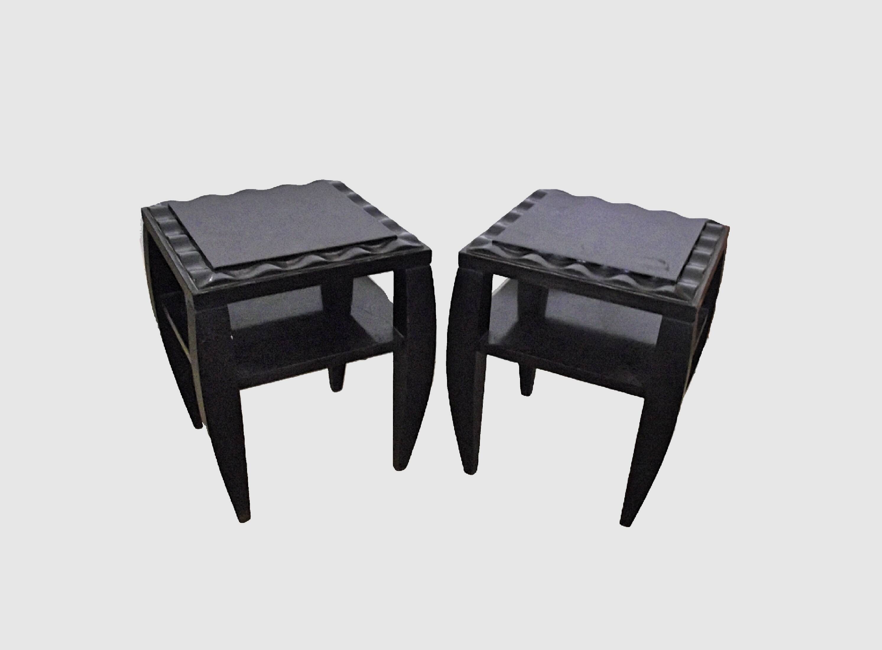Pair of bedside tables with stylised design, good quality.