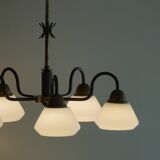 A modern Danish chandelier with 5 heads in opaline glass and brass, Art Deco, 1940s.