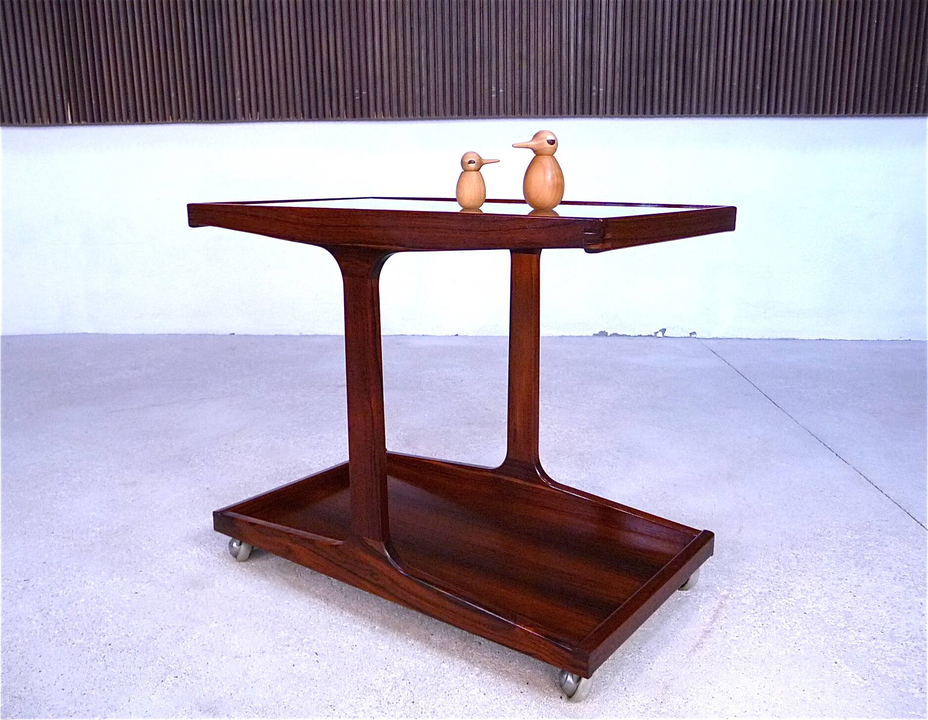 Vintage Modernist Serving Bar Cart in Walnut with Glass Top, Germany 1960s