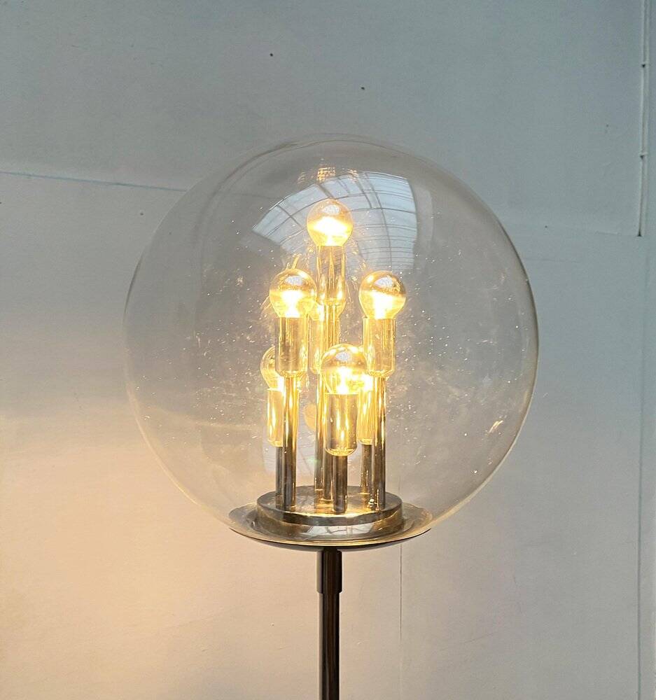Spherical chrome and glass planetary floor lamp from the mid-century German space age by Doria Leuchten, 1960s.